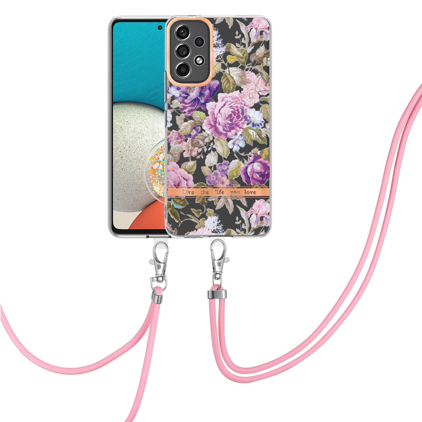 YB IMD-9 Series Flower Pattern Electroplating TPU Case for Samsung Galaxy A53 5G, IMD IML Anti-scratch Phone Cover with Lanyard