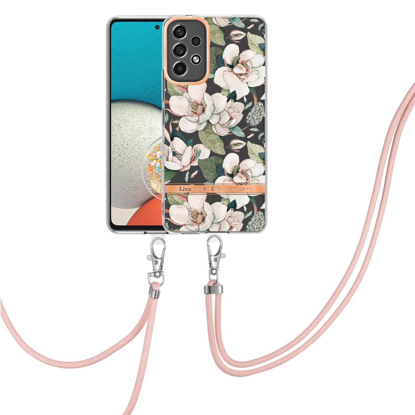 YB IMD-9 Series Flower Pattern Electroplating TPU Case for Samsung Galaxy A53 5G, IMD IML Anti-scratch Phone Cover with Lanyard
