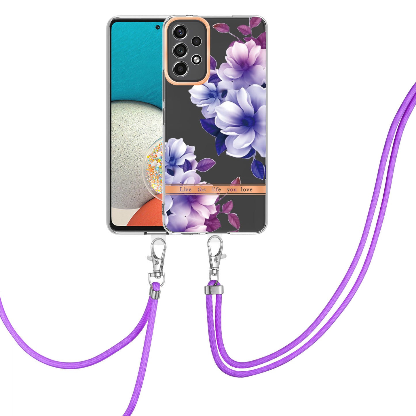 YB IMD-9 Series Flower Pattern Electroplating TPU Case for Samsung Galaxy A53 5G, IMD IML Anti-scratch Phone Cover with Lanyard