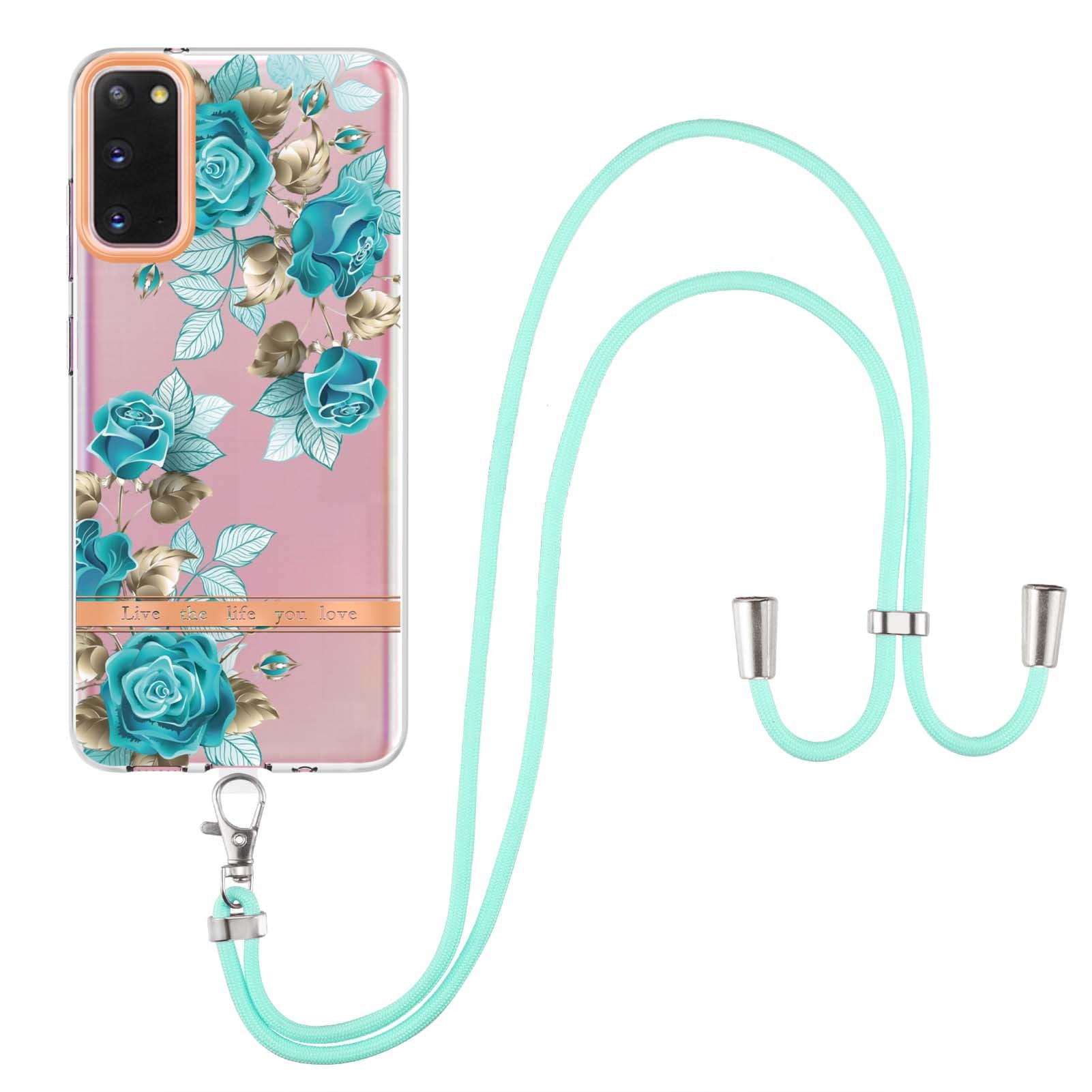 YB IMD-9 Series IMD IML Electroplating Phone Case for Samsung Galaxy S20 4G/S20 5G, Soft TPU Flower Pattern Phone Cover with Lanyard