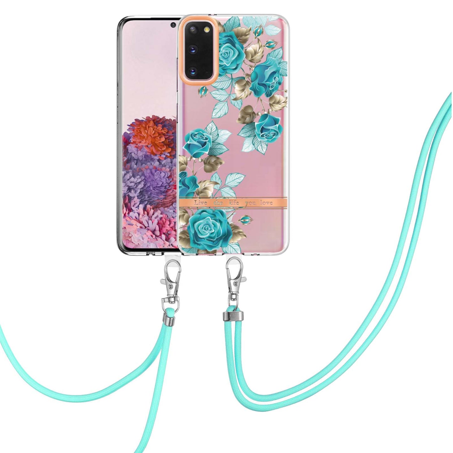 YB IMD-9 Series IMD IML Electroplating Phone Case for Samsung Galaxy S20 4G/S20 5G, Soft TPU Flower Pattern Phone Cover with Lanyard