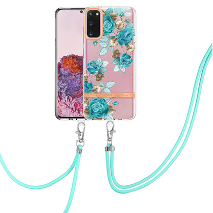YB IMD-9 Series IMD IML Electroplating Phone Case for Samsung Galaxy S20 4G/S20 5G, Soft TPU Flower Pattern Phone Cover with Lanyard