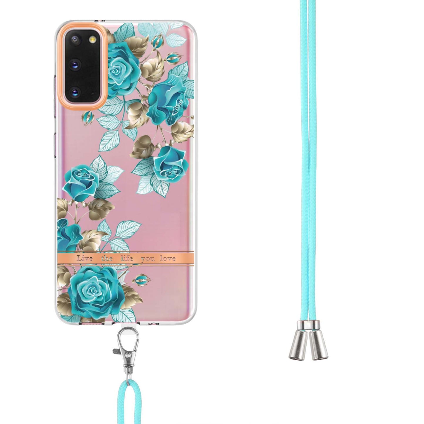 YB IMD-9 Series IMD IML Electroplating Phone Case for Samsung Galaxy S20 4G/S20 5G, Soft TPU Flower Pattern Phone Cover with Lanyard