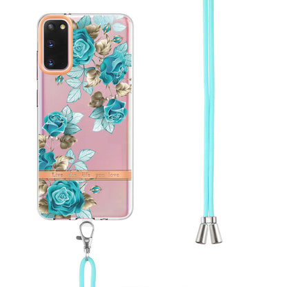 YB IMD-9 Series IMD IML Electroplating Phone Case for Samsung Galaxy S20 4G/S20 5G, Soft TPU Flower Pattern Phone Cover with Lanyard