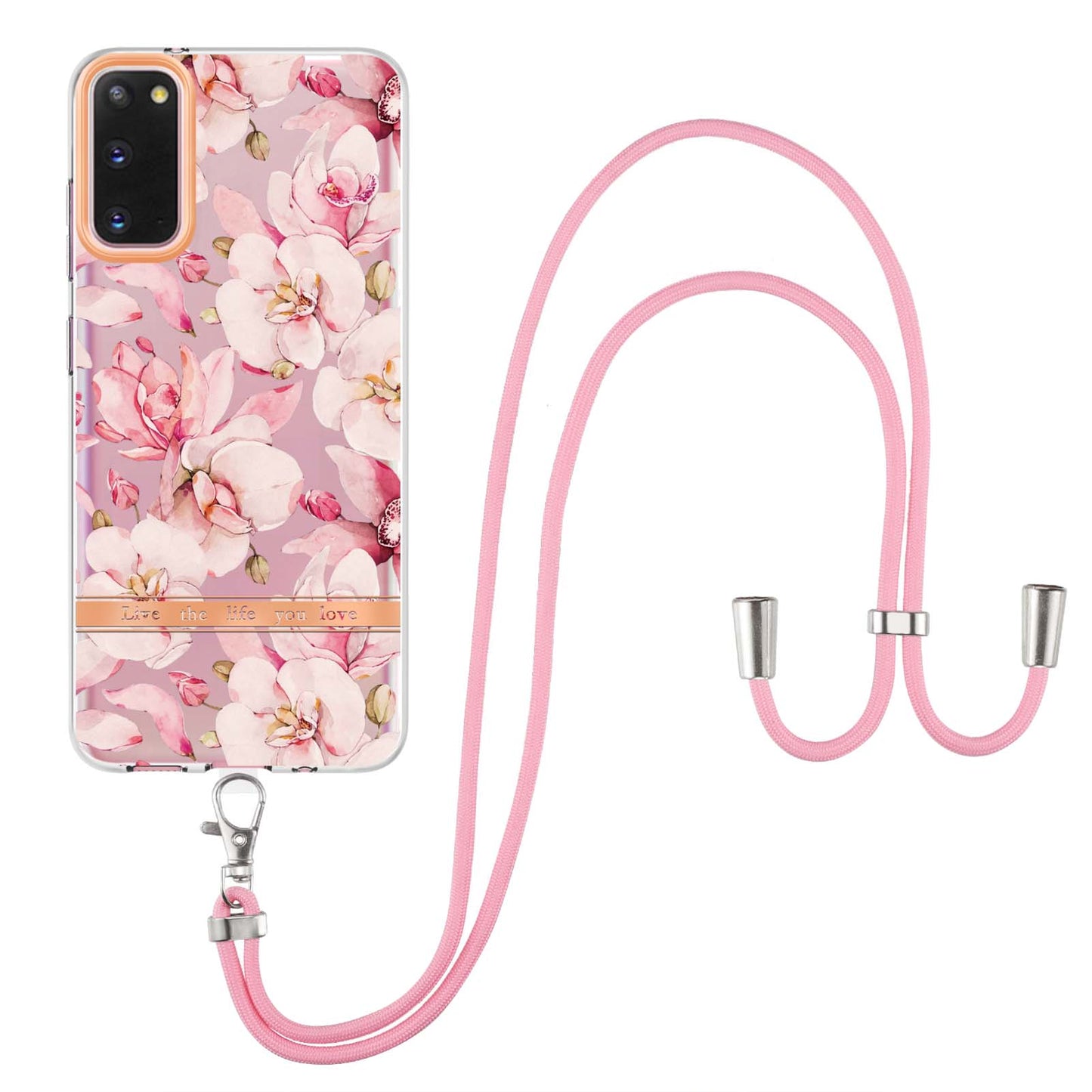 YB IMD-9 Series IMD IML Electroplating Phone Case for Samsung Galaxy S20 4G/S20 5G, Soft TPU Flower Pattern Phone Cover with Lanyard