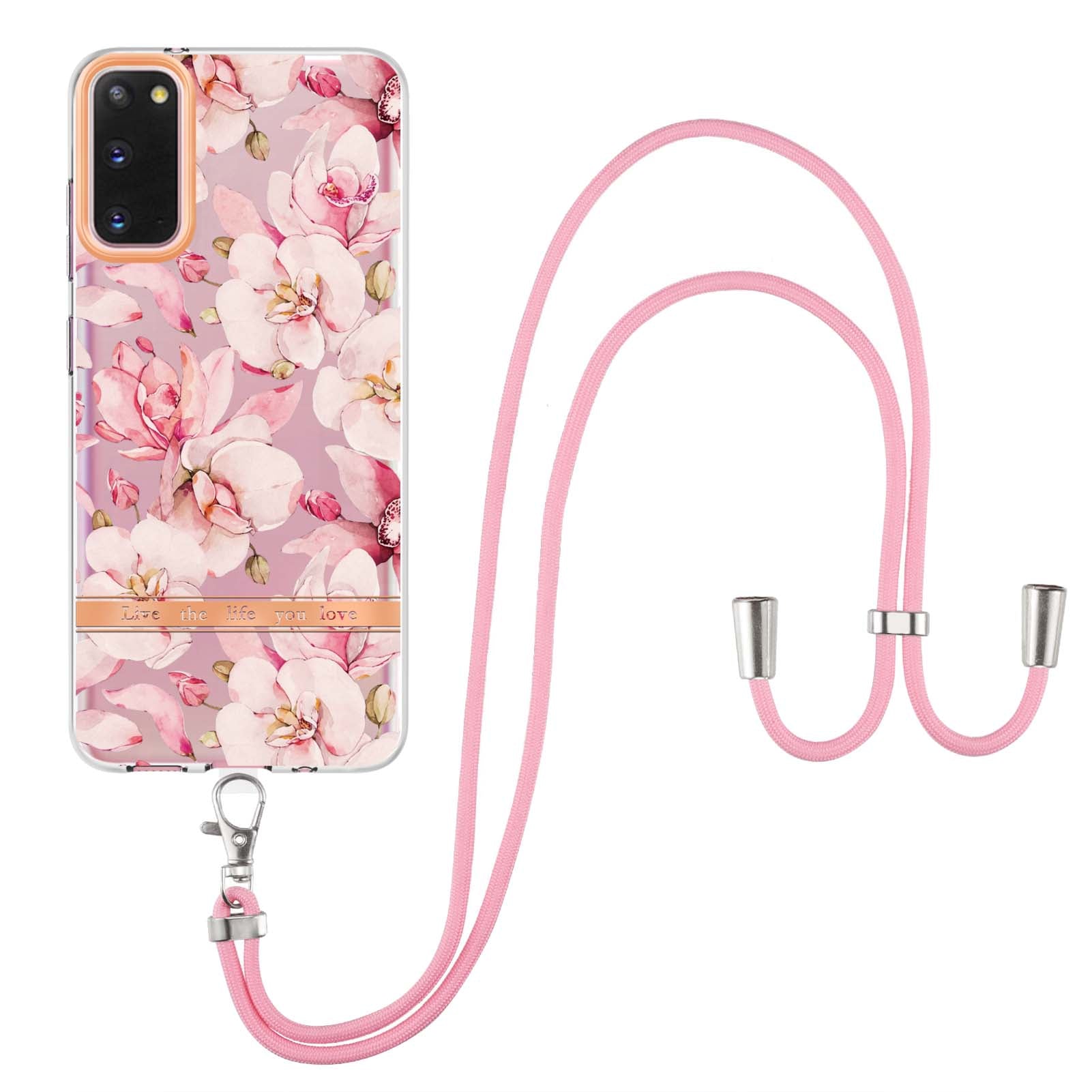 YB IMD-9 Series IMD IML Electroplating Phone Case for Samsung Galaxy S20 4G/S20 5G, Soft TPU Flower Pattern Phone Cover with Lanyard