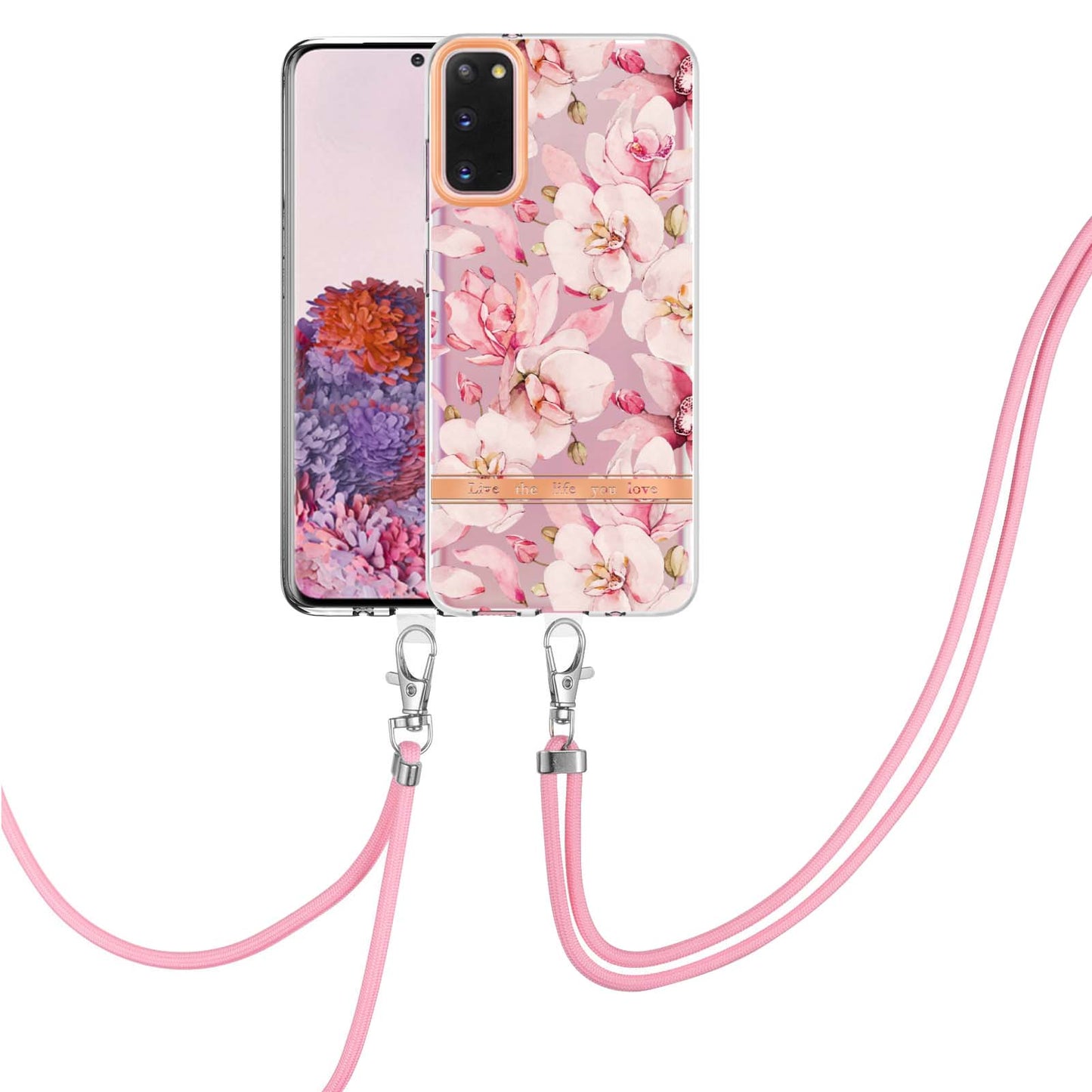 YB IMD-9 Series IMD IML Electroplating Phone Case for Samsung Galaxy S20 4G/S20 5G, Soft TPU Flower Pattern Phone Cover with Lanyard