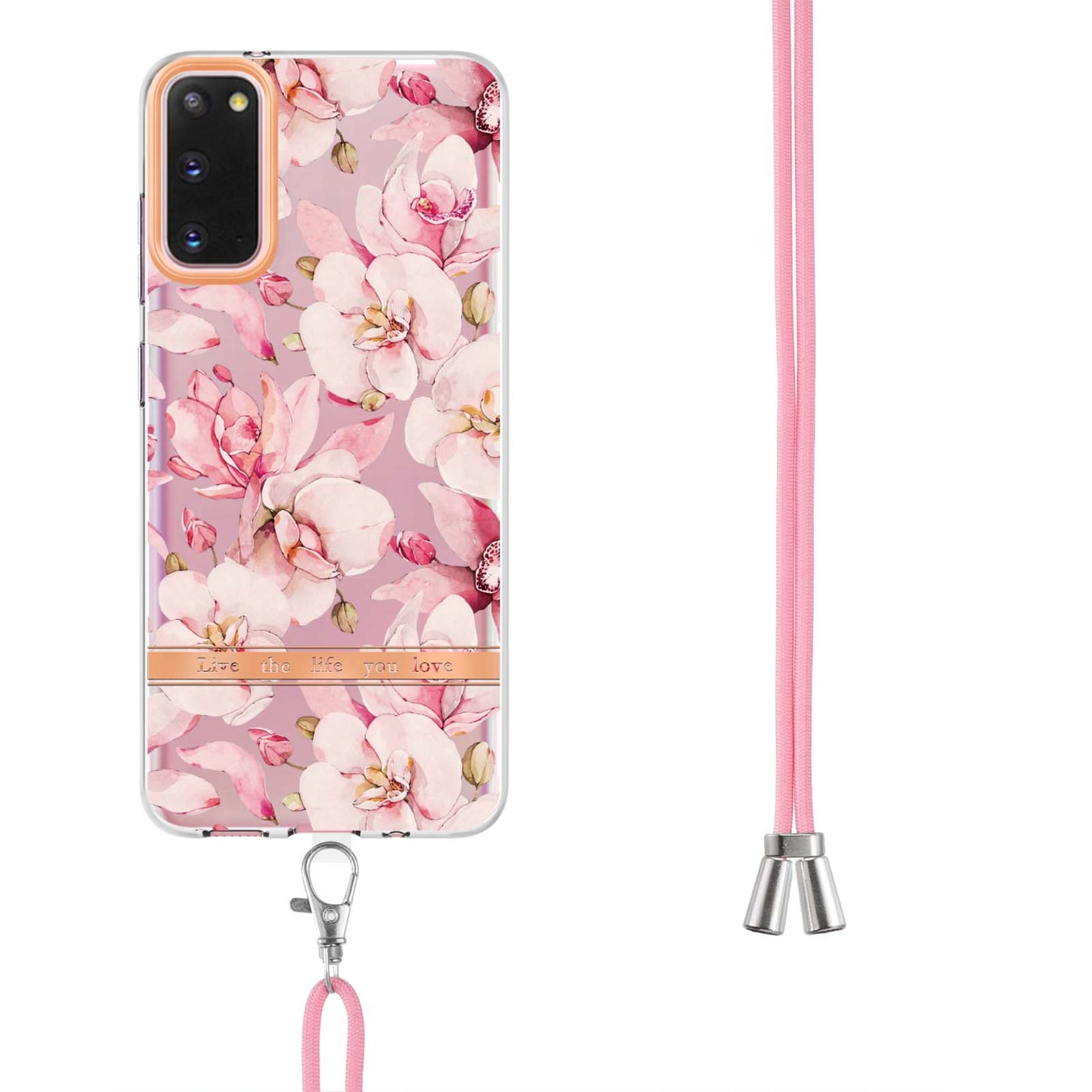 YB IMD-9 Series IMD IML Electroplating Phone Case for Samsung Galaxy S20 4G/S20 5G, Soft TPU Flower Pattern Phone Cover with Lanyard