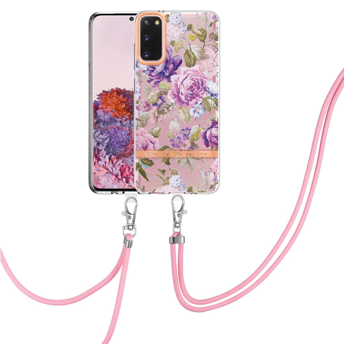 YB IMD-9 Series IMD IML Electroplating Phone Case for Samsung Galaxy S20 4G/S20 5G, Soft TPU Flower Pattern Phone Cover with Lanyard