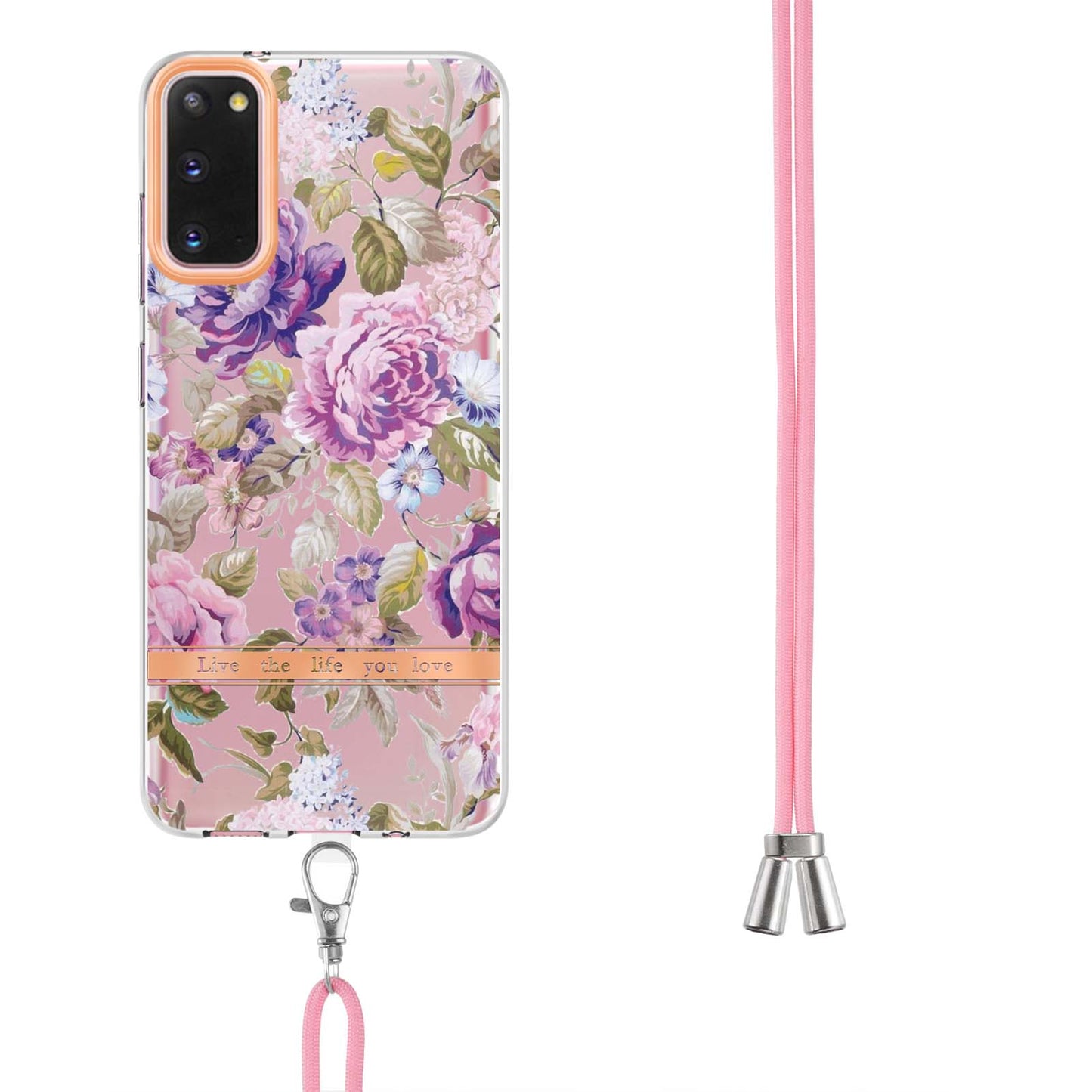 YB IMD-9 Series IMD IML Electroplating Phone Case for Samsung Galaxy S20 4G/S20 5G, Soft TPU Flower Pattern Phone Cover with Lanyard
