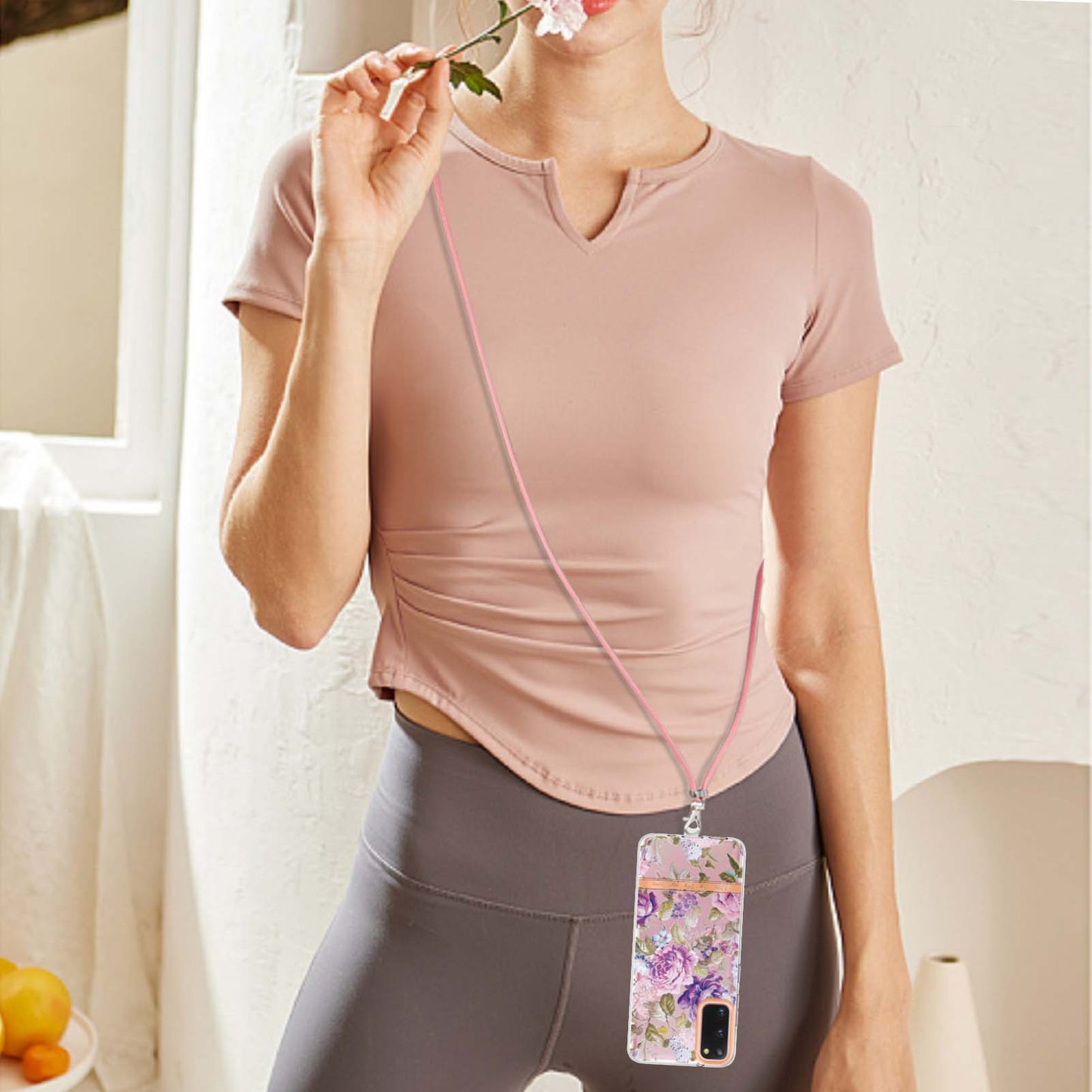 YB IMD-9 Series IMD IML Electroplating Phone Case for Samsung Galaxy S20 4G/S20 5G, Soft TPU Flower Pattern Phone Cover with Lanyard