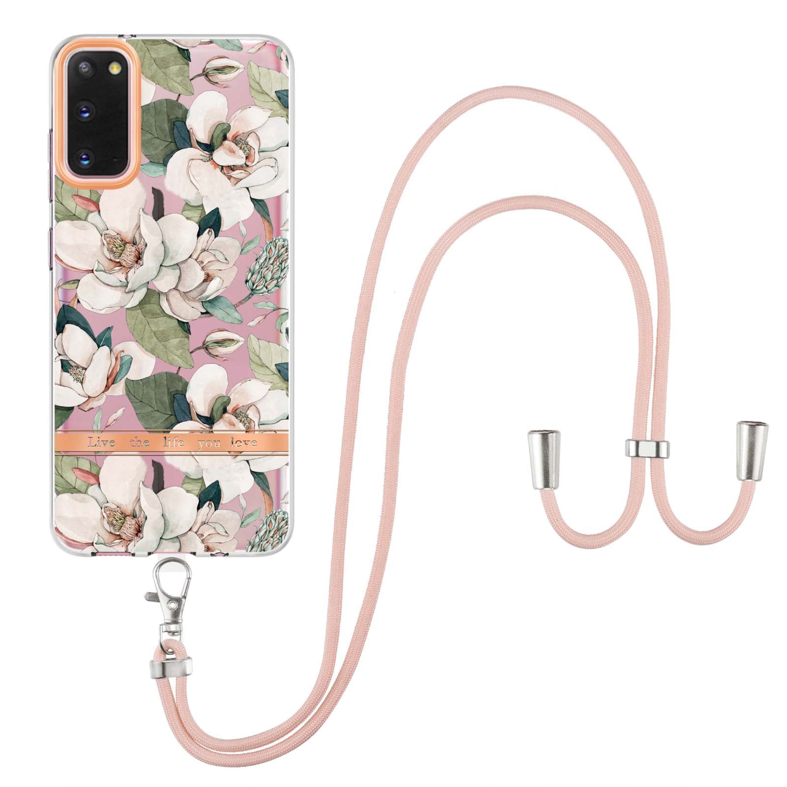 YB IMD-9 Series IMD IML Electroplating Phone Case for Samsung Galaxy S20 4G/S20 5G, Soft TPU Flower Pattern Phone Cover with Lanyard