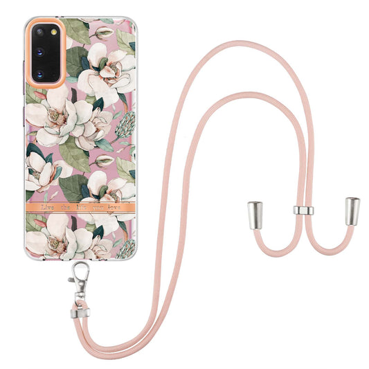 YB IMD-9 Series IMD IML Electroplating Phone Case for Samsung Galaxy S20 4G/S20 5G, Soft TPU Flower Pattern Phone Cover with Lanyard