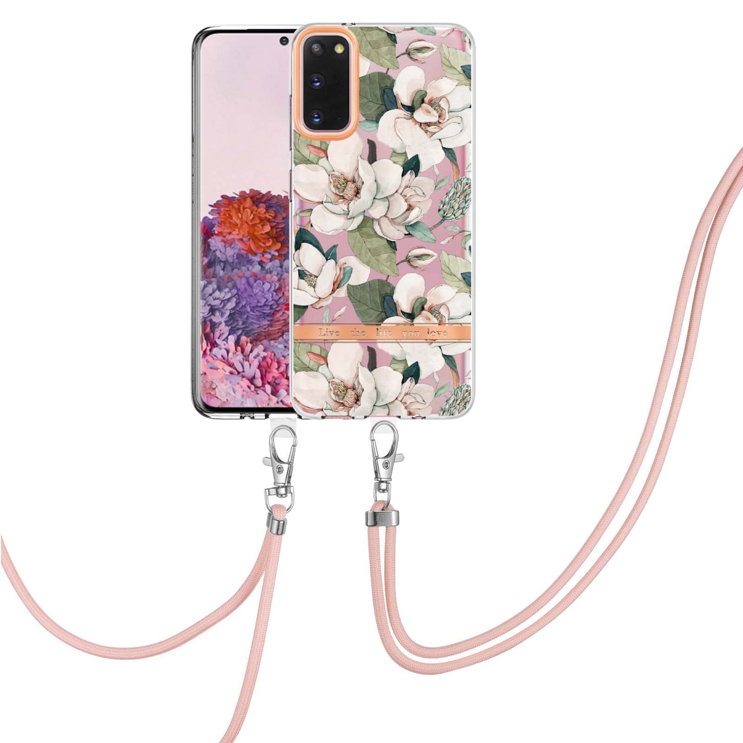 YB IMD-9 Series IMD IML Electroplating Phone Case for Samsung Galaxy S20 4G/S20 5G, Soft TPU Flower Pattern Phone Cover with Lanyard