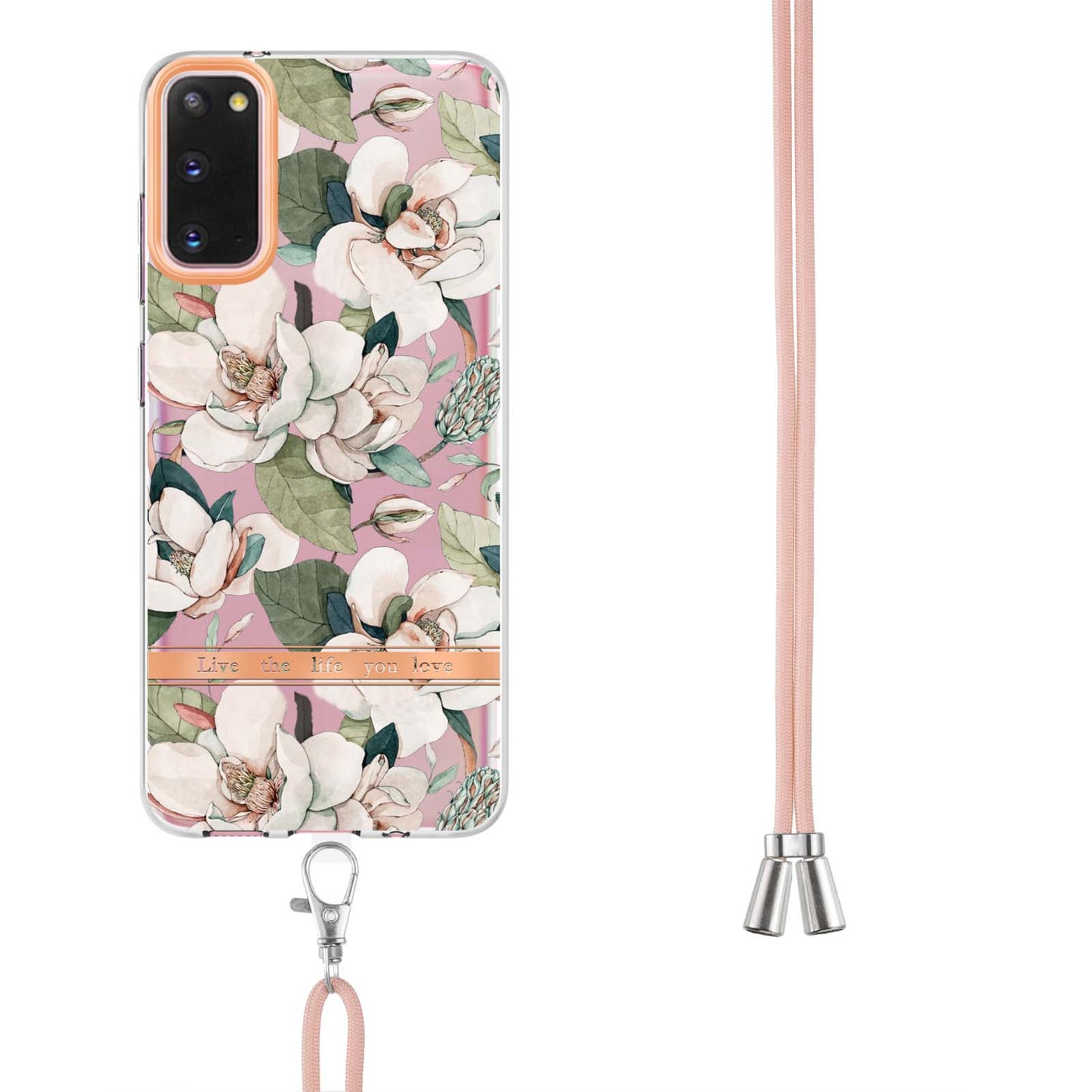 YB IMD-9 Series IMD IML Electroplating Phone Case for Samsung Galaxy S20 4G/S20 5G, Soft TPU Flower Pattern Phone Cover with Lanyard