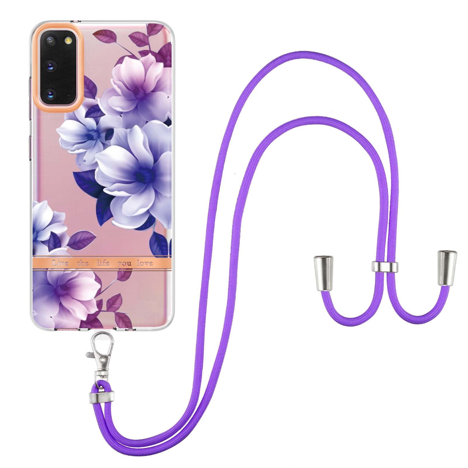 YB IMD-9 Series IMD IML Electroplating Phone Case for Samsung Galaxy S20 4G/S20 5G, Soft TPU Flower Pattern Phone Cover with Lanyard
