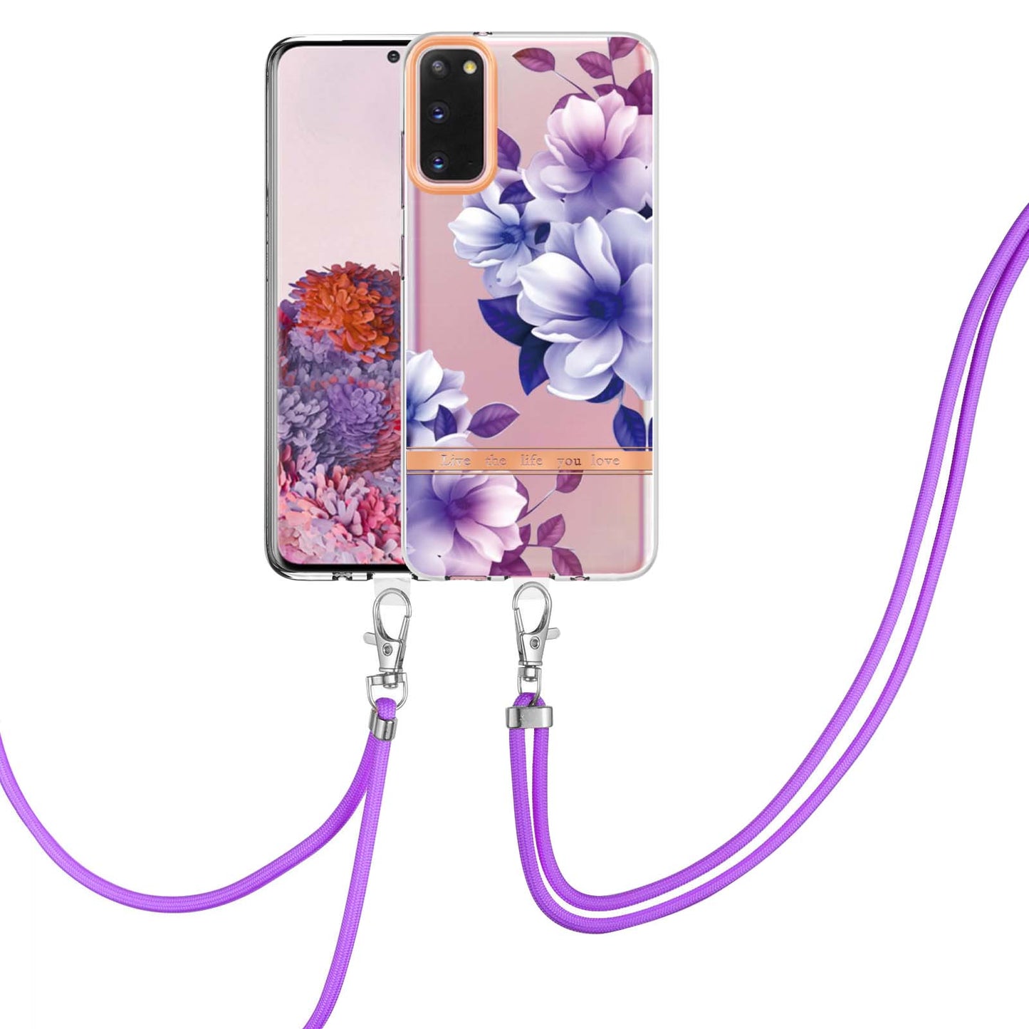 YB IMD-9 Series IMD IML Electroplating Phone Case for Samsung Galaxy S20 4G/S20 5G, Soft TPU Flower Pattern Phone Cover with Lanyard