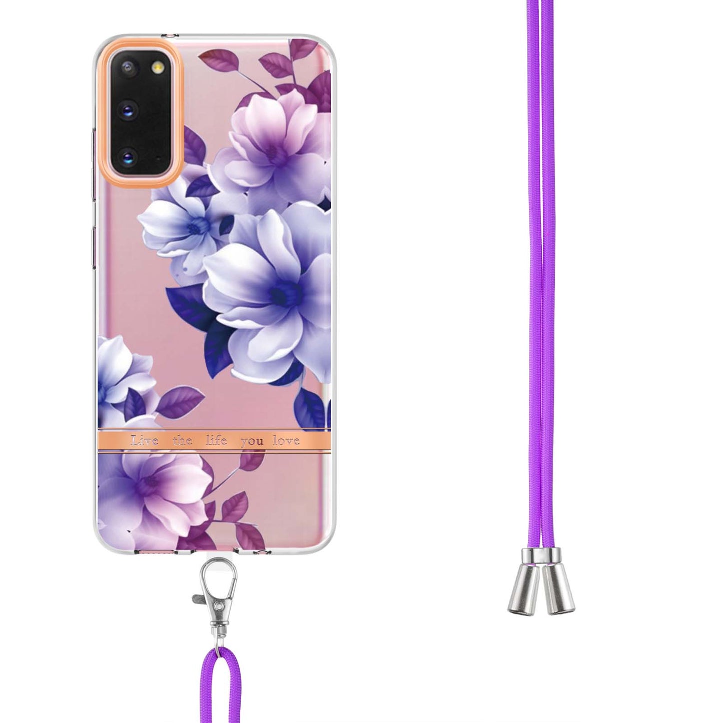 YB IMD-9 Series IMD IML Electroplating Phone Case for Samsung Galaxy S20 4G/S20 5G, Soft TPU Flower Pattern Phone Cover with Lanyard