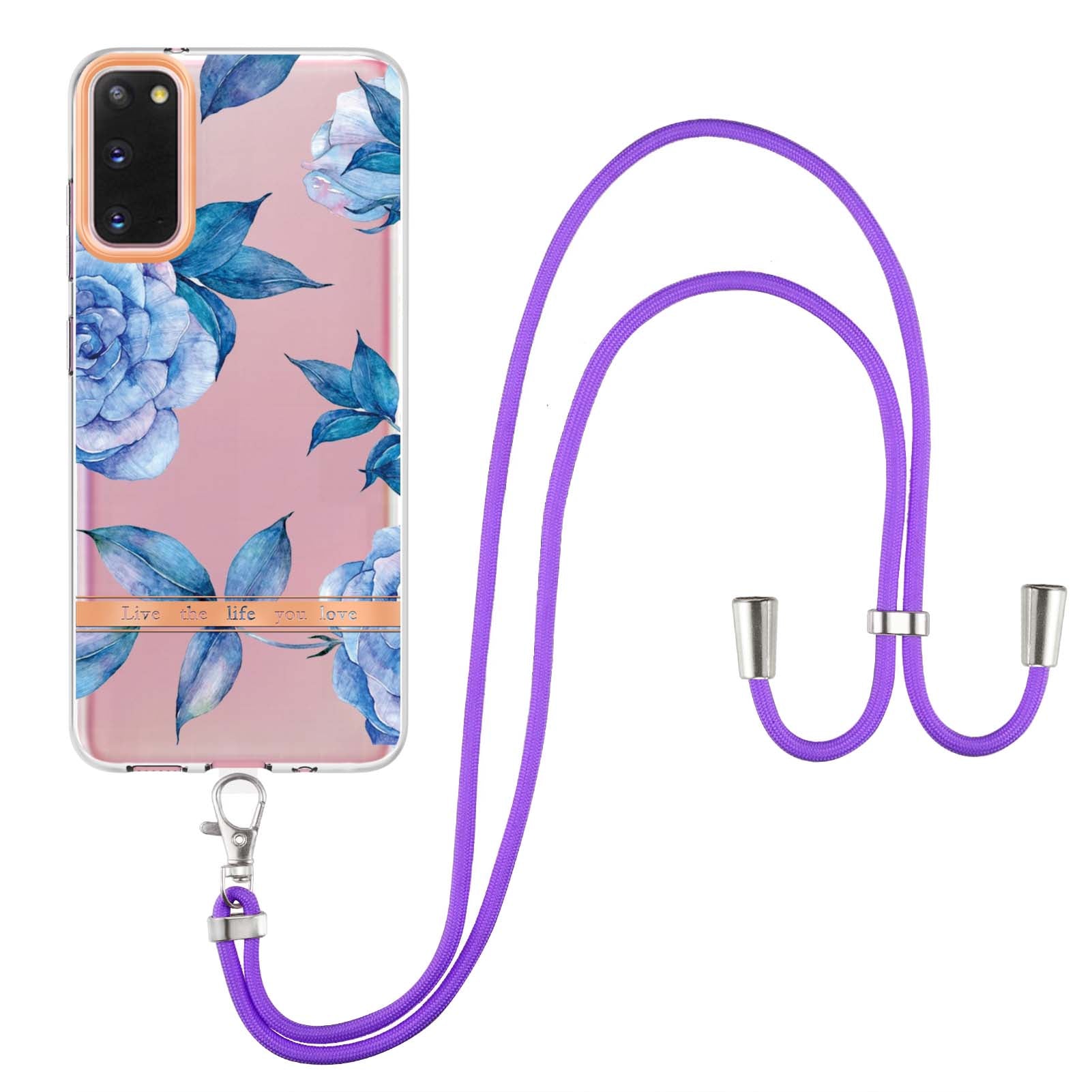 YB IMD-9 Series IMD IML Electroplating Phone Case for Samsung Galaxy S20 4G/S20 5G, Soft TPU Flower Pattern Phone Cover with Lanyard