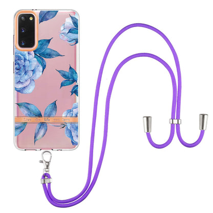 YB IMD-9 Series IMD IML Electroplating Phone Case for Samsung Galaxy S20 4G/S20 5G, Soft TPU Flower Pattern Phone Cover with Lanyard