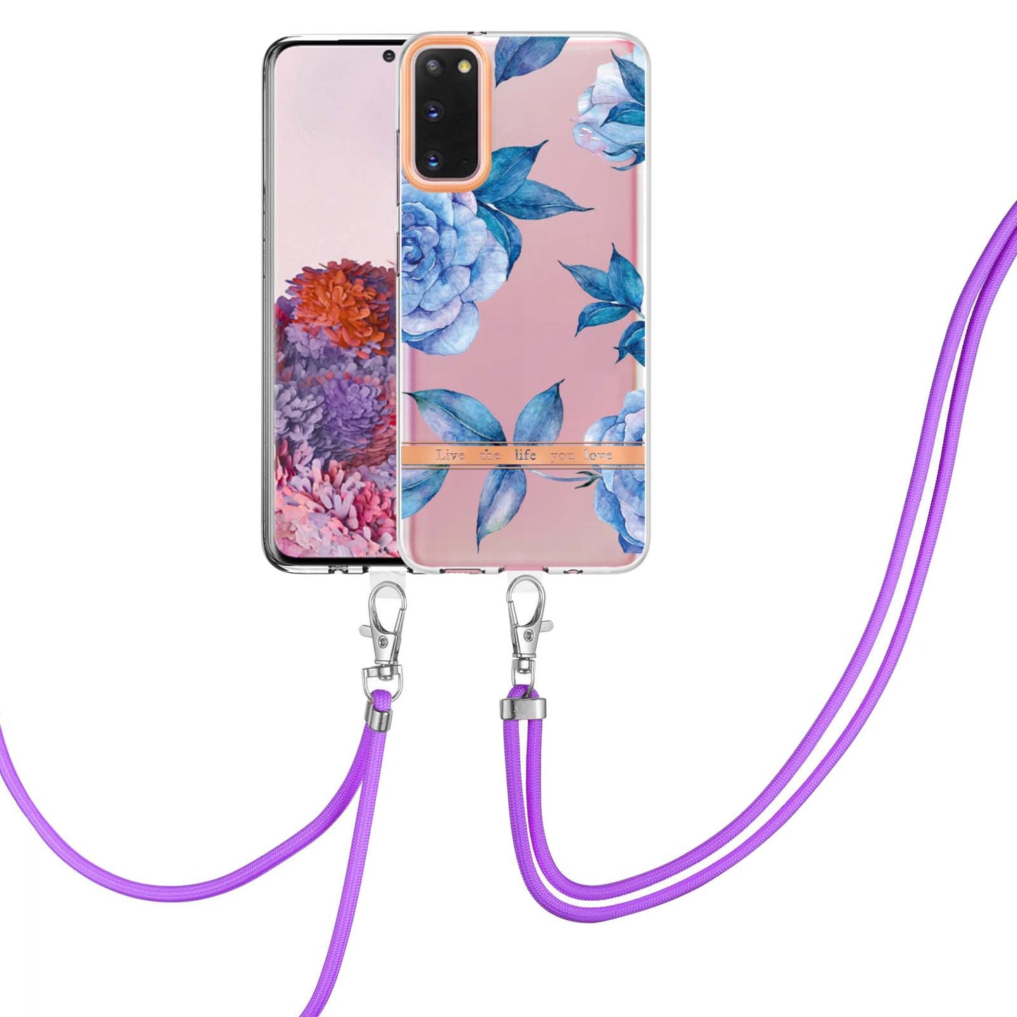 YB IMD-9 Series IMD IML Electroplating Phone Case for Samsung Galaxy S20 4G/S20 5G, Soft TPU Flower Pattern Phone Cover with Lanyard
