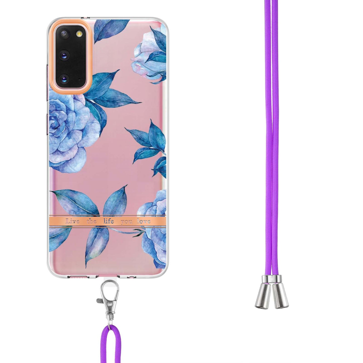 YB IMD-9 Series IMD IML Electroplating Phone Case for Samsung Galaxy S20 4G/S20 5G, Soft TPU Flower Pattern Phone Cover with Lanyard