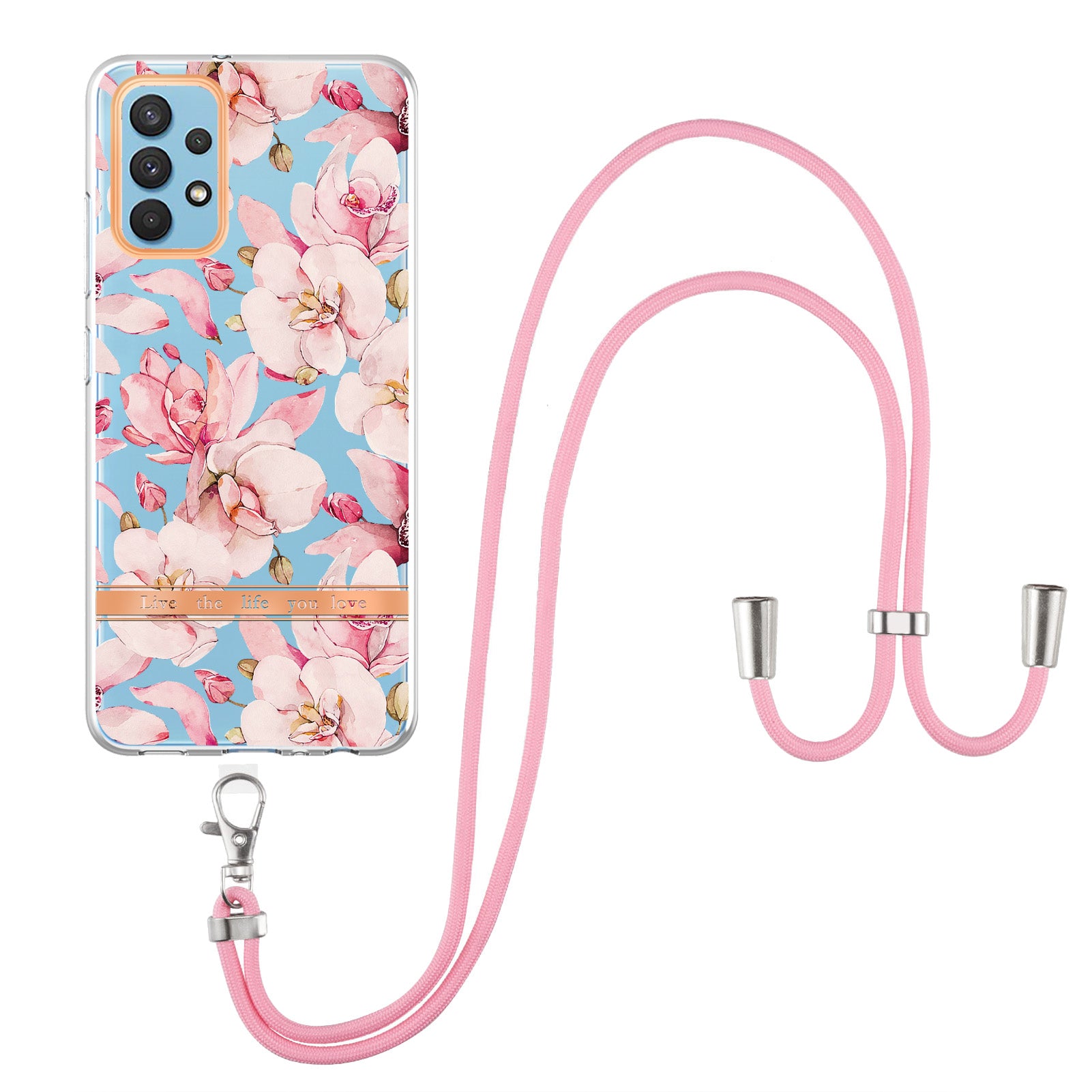 YB IMD-9 Series Electroplating TPU Phone Case for Samsung Galaxy A32 4G (EU Version), Lanyard Design Flower Pattern IMD IML Cellphone Cover