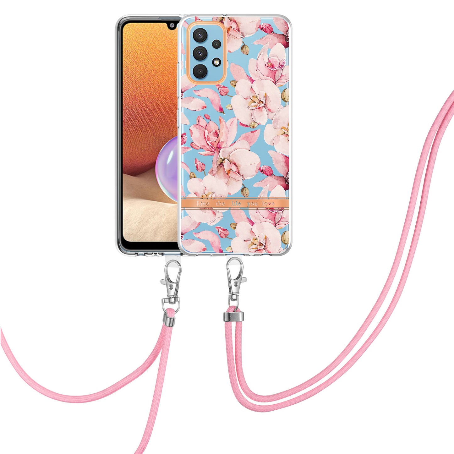 YB IMD-9 Series Electroplating TPU Phone Case for Samsung Galaxy A32 4G (EU Version), Lanyard Design Flower Pattern IMD IML Cellphone Cover