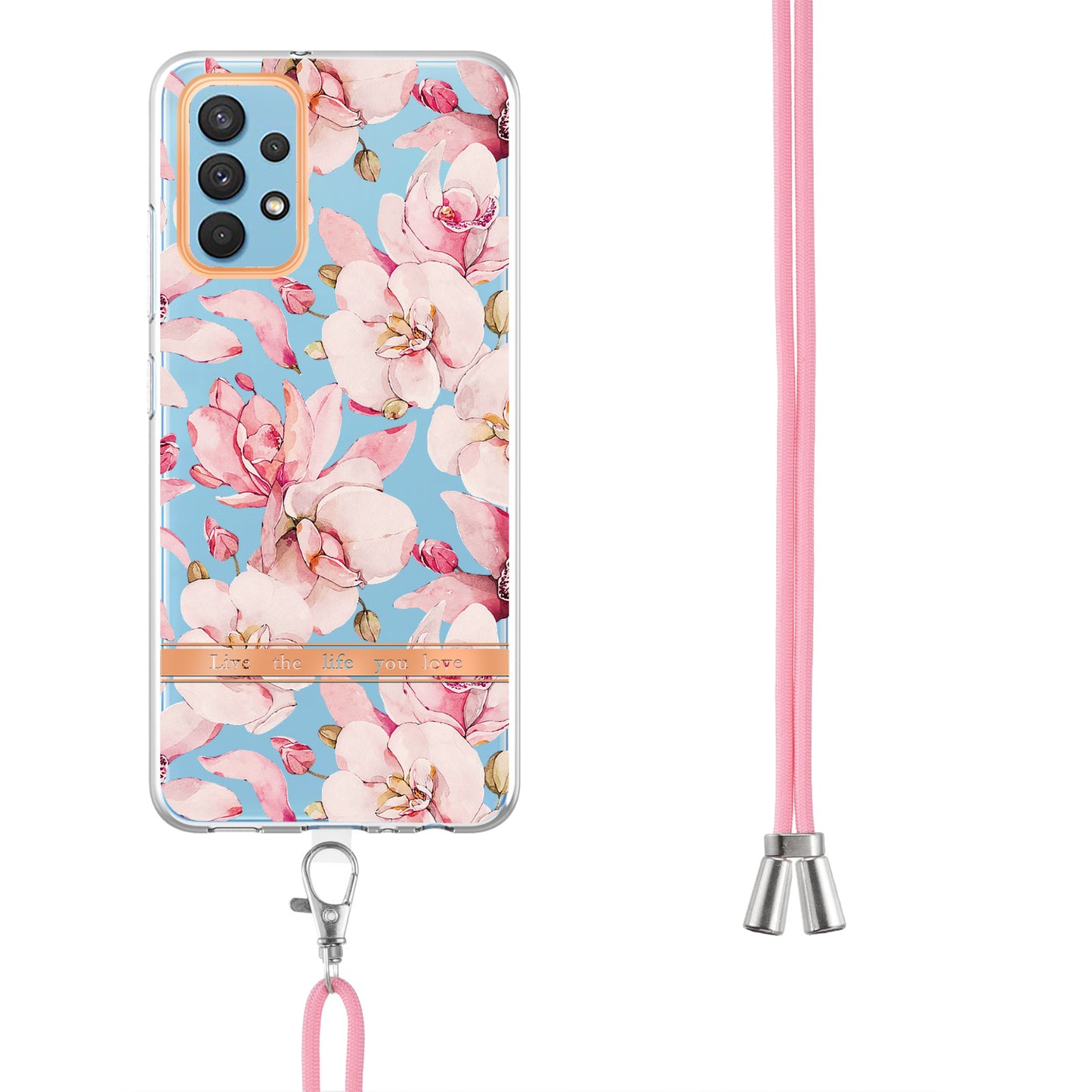 YB IMD-9 Series Electroplating TPU Phone Case for Samsung Galaxy A32 4G (EU Version), Lanyard Design Flower Pattern IMD IML Cellphone Cover