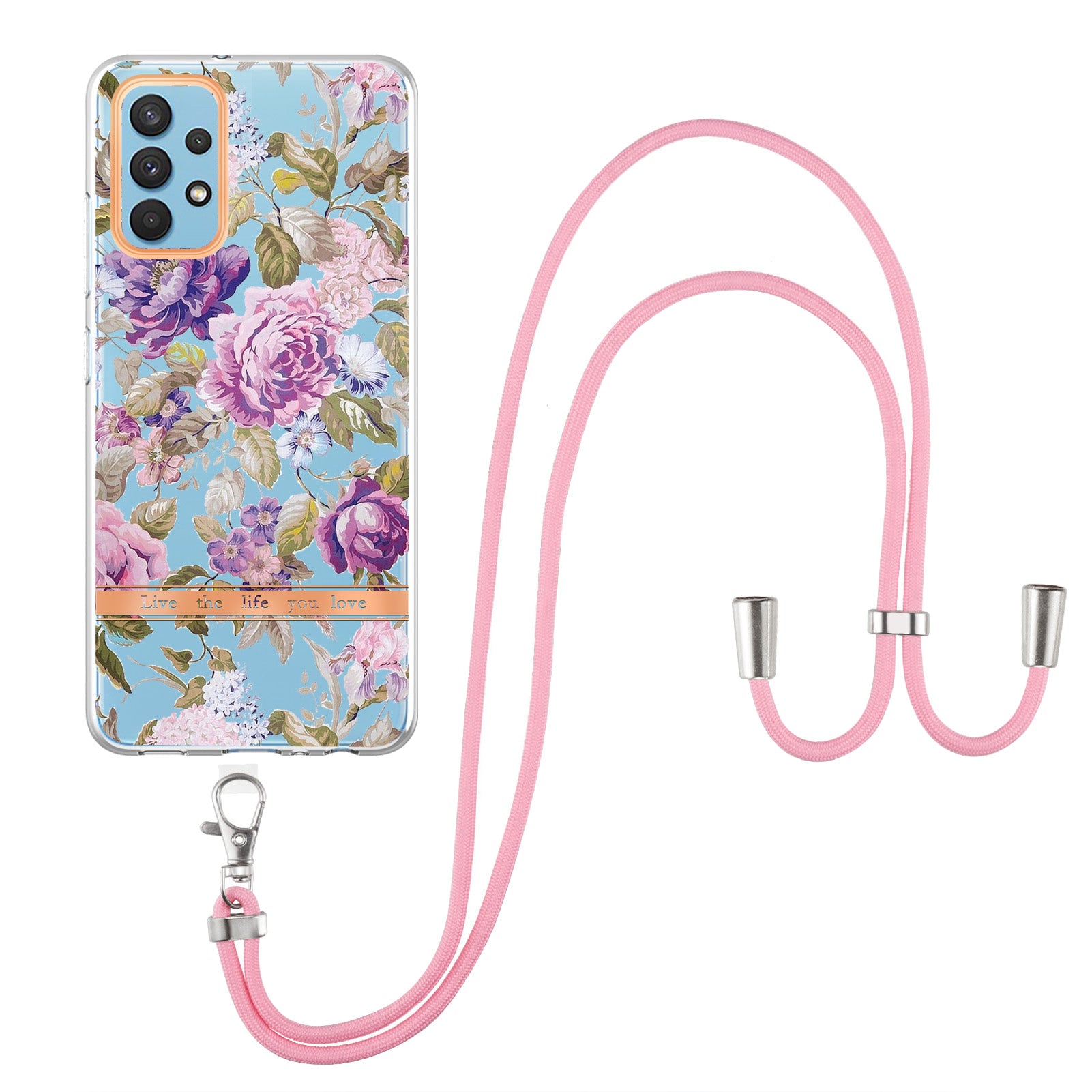 YB IMD-9 Series Electroplating TPU Phone Case for Samsung Galaxy A32 4G (EU Version), Lanyard Design Flower Pattern IMD IML Cellphone Cover