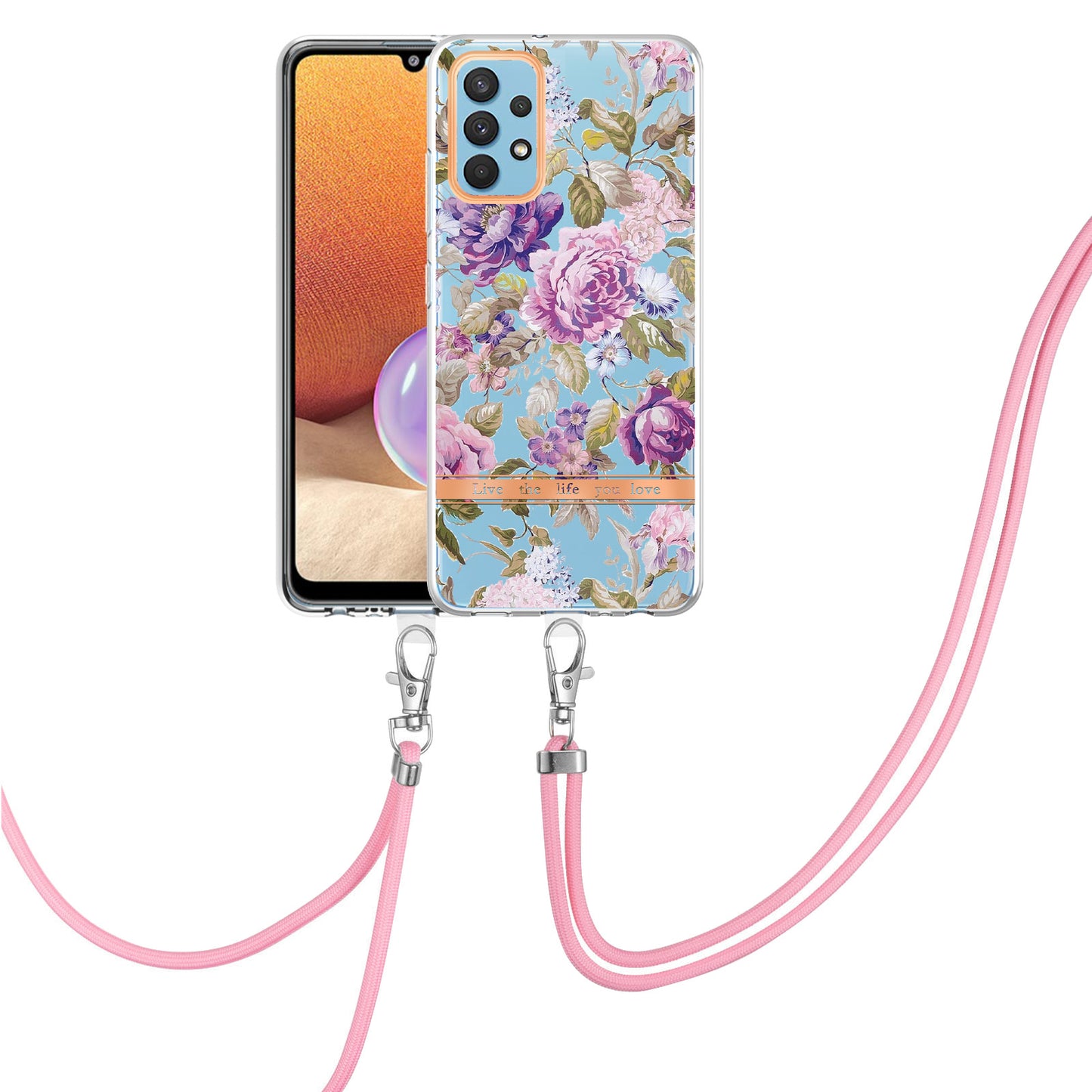 YB IMD-9 Series Electroplating TPU Phone Case for Samsung Galaxy A32 4G (EU Version), Lanyard Design Flower Pattern IMD IML Cellphone Cover