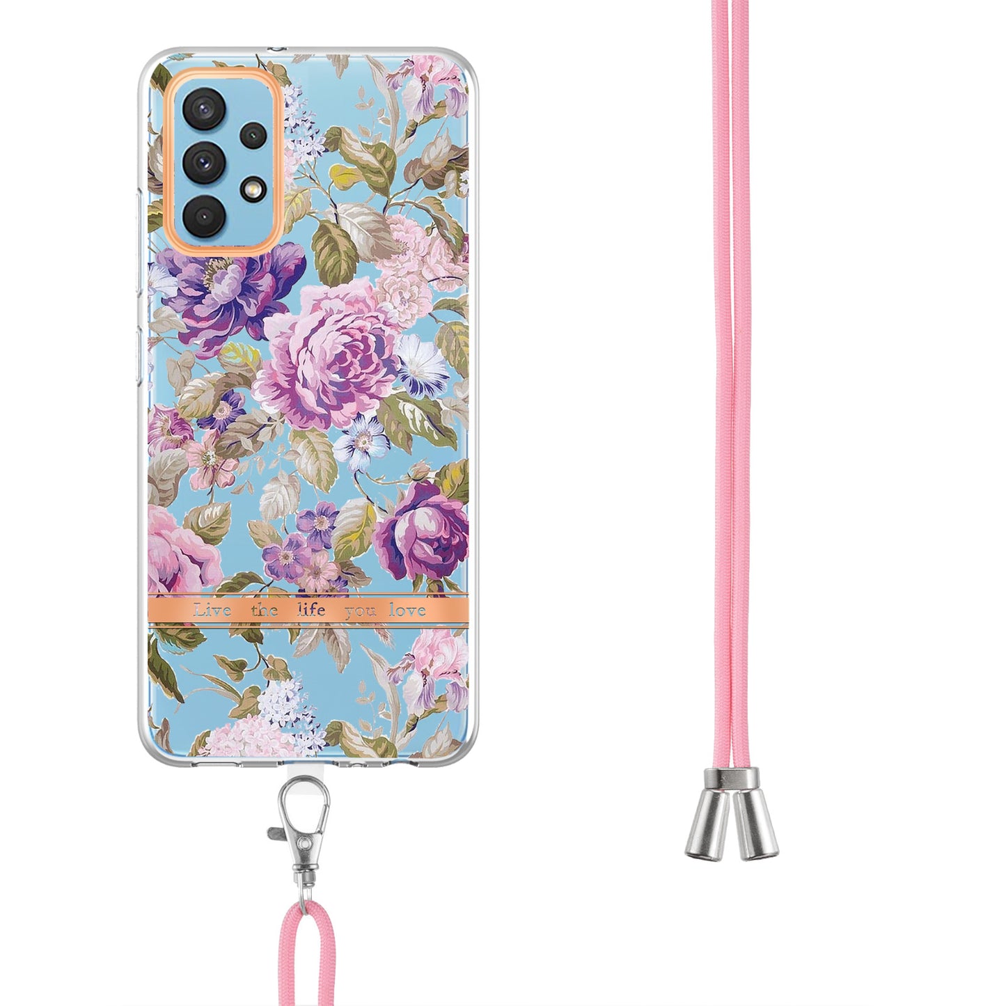 YB IMD-9 Series Electroplating TPU Phone Case for Samsung Galaxy A32 4G (EU Version), Lanyard Design Flower Pattern IMD IML Cellphone Cover