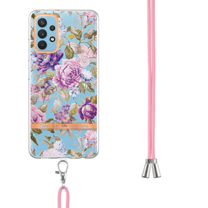YB IMD-9 Series Electroplating TPU Phone Case for Samsung Galaxy A32 4G (EU Version), Lanyard Design Flower Pattern IMD IML Cellphone Cover