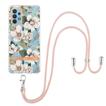 YB IMD-9 Series Electroplating TPU Phone Case for Samsung Galaxy A32 4G (EU Version), Lanyard Design Flower Pattern IMD IML Cellphone Cover