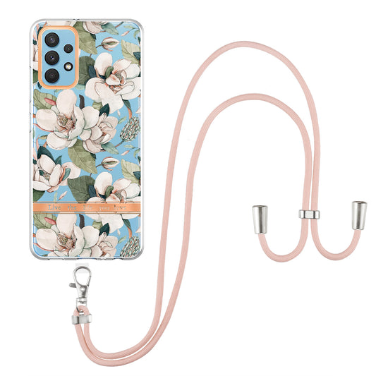 YB IMD-9 Series Electroplating TPU Phone Case for Samsung Galaxy A32 4G (EU Version), Lanyard Design Flower Pattern IMD IML Cellphone Cover