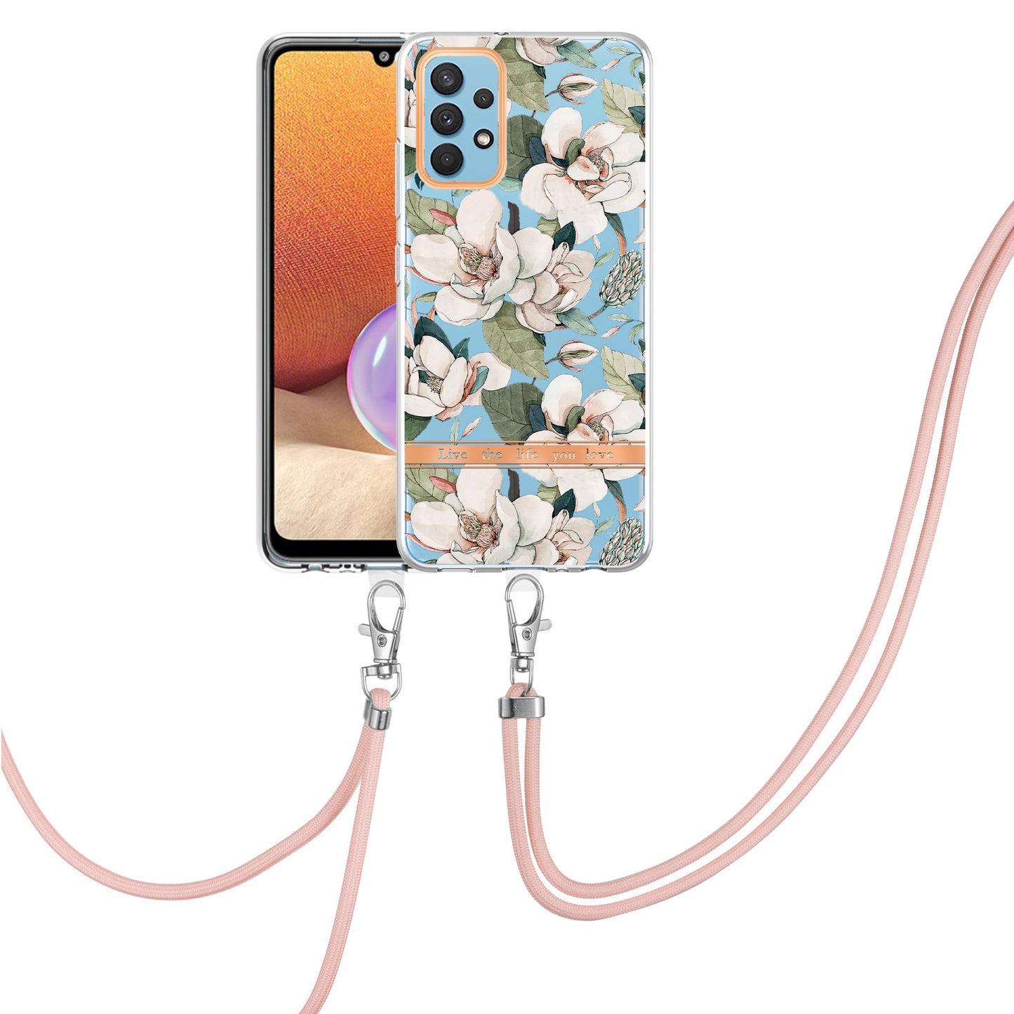 YB IMD-9 Series Electroplating TPU Phone Case for Samsung Galaxy A32 4G (EU Version), Lanyard Design Flower Pattern IMD IML Cellphone Cover