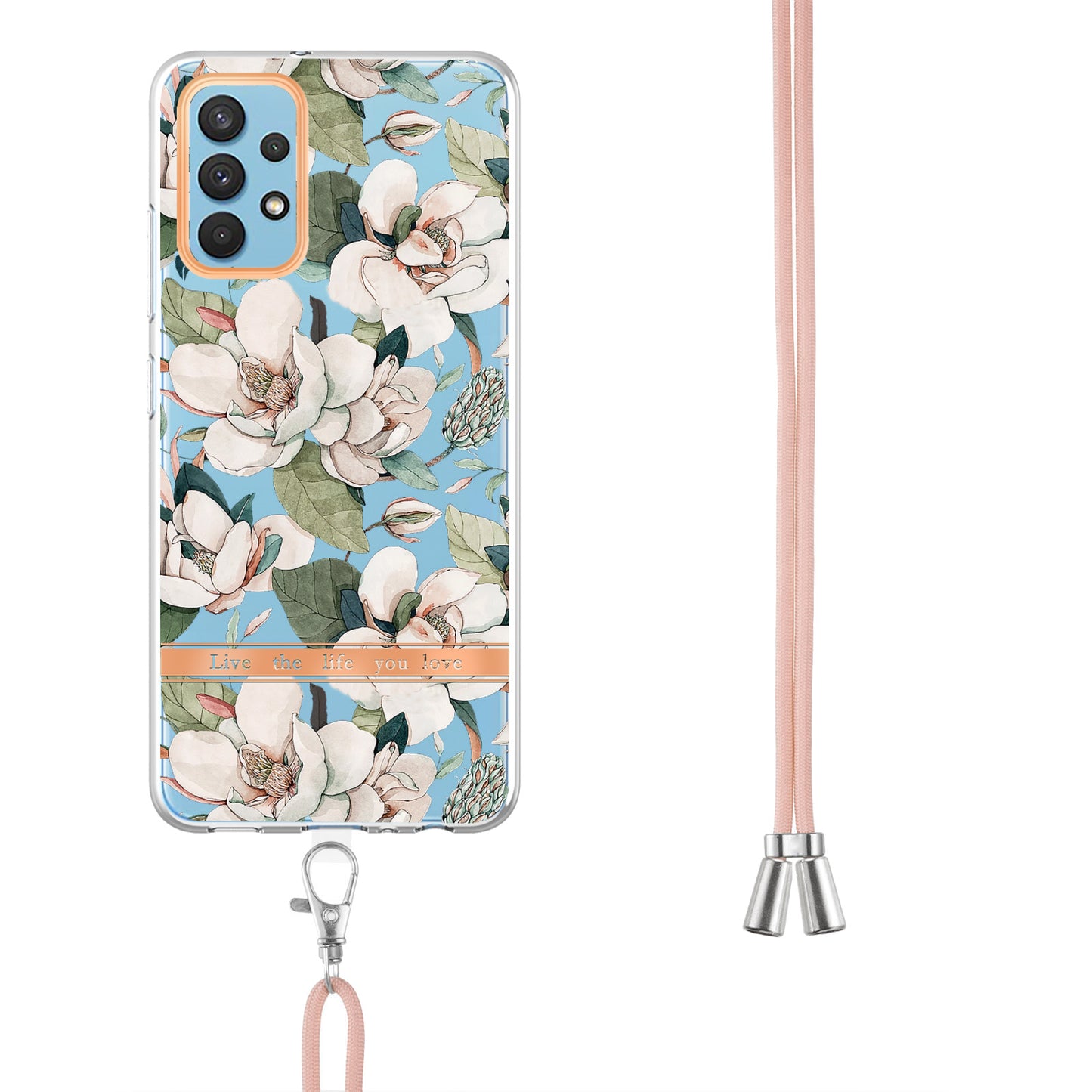 YB IMD-9 Series Electroplating TPU Phone Case for Samsung Galaxy A32 4G (EU Version), Lanyard Design Flower Pattern IMD IML Cellphone Cover