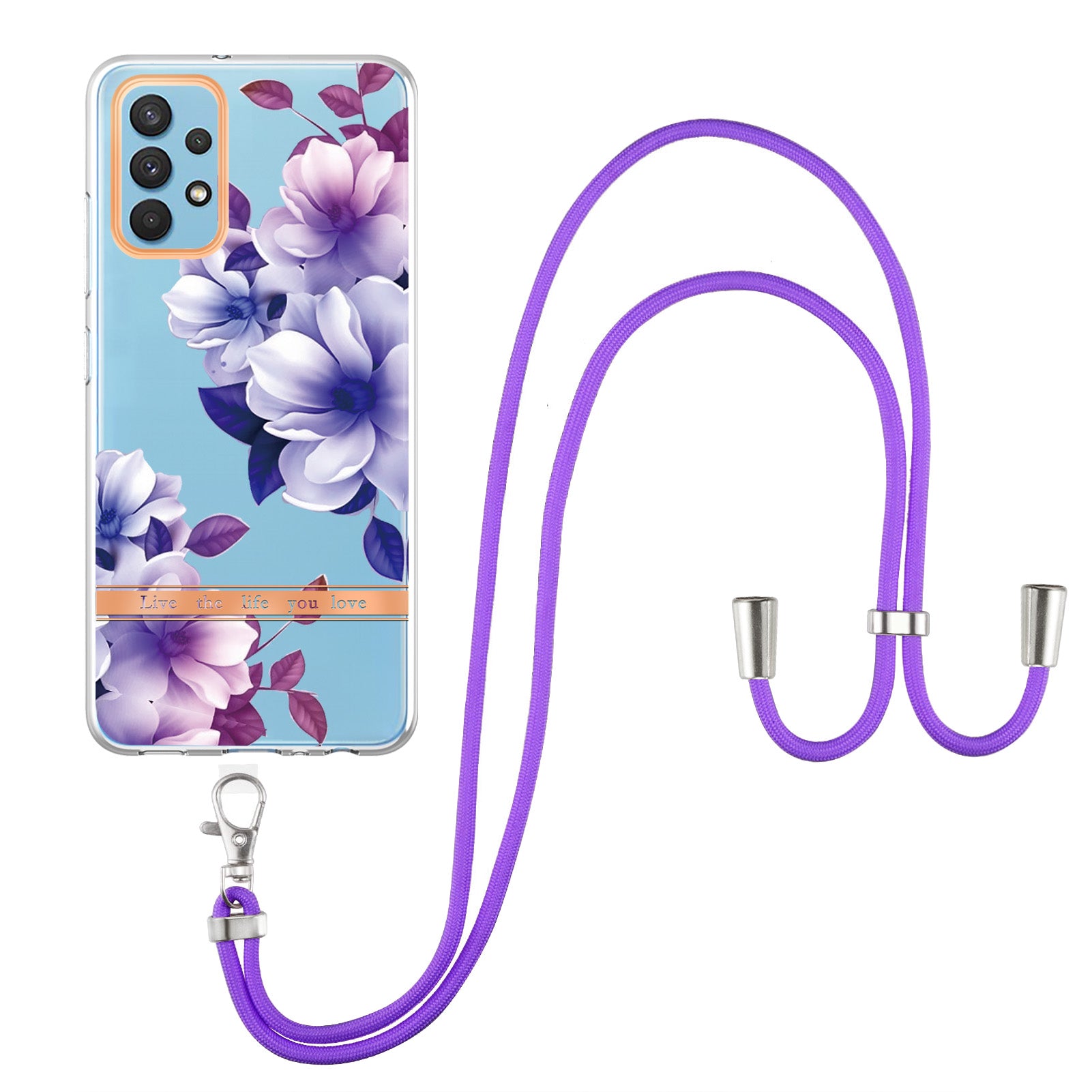 YB IMD-9 Series Electroplating TPU Phone Case for Samsung Galaxy A32 4G (EU Version), Lanyard Design Flower Pattern IMD IML Cellphone Cover