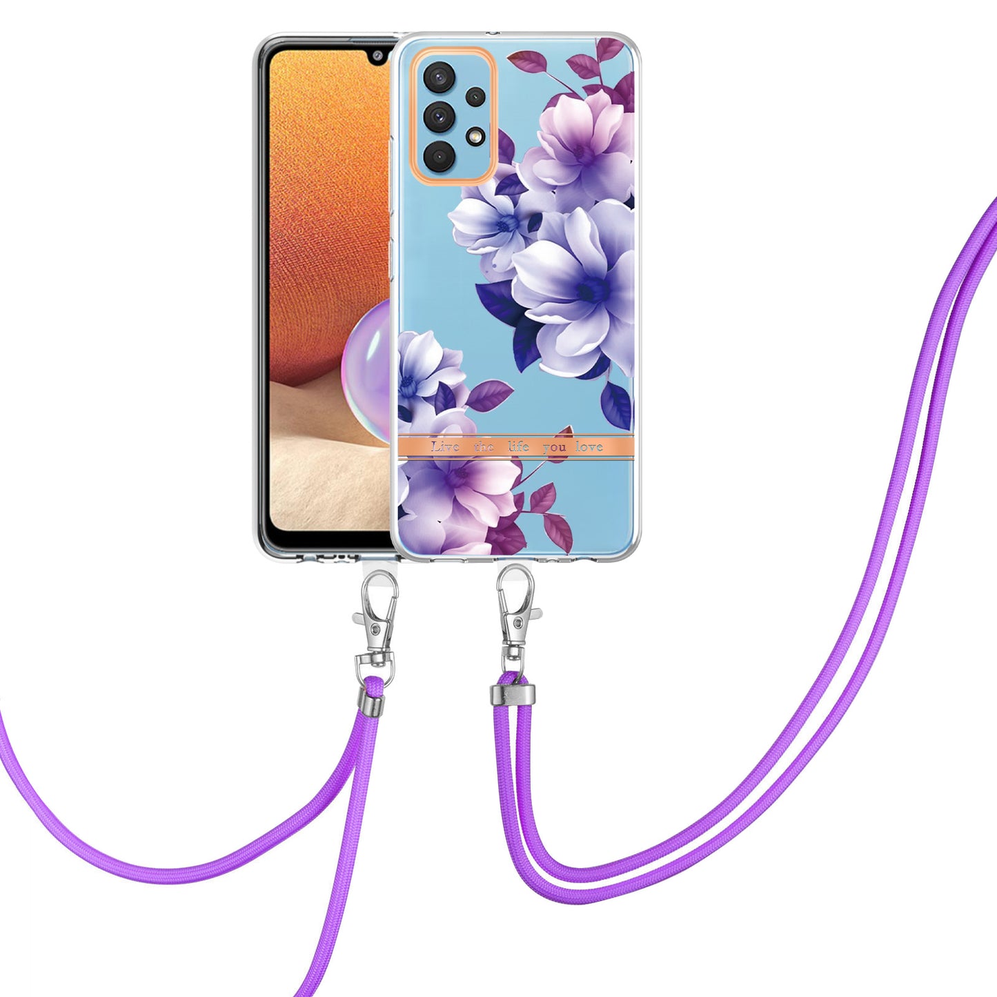 YB IMD-9 Series Electroplating TPU Phone Case for Samsung Galaxy A32 4G (EU Version), Lanyard Design Flower Pattern IMD IML Cellphone Cover