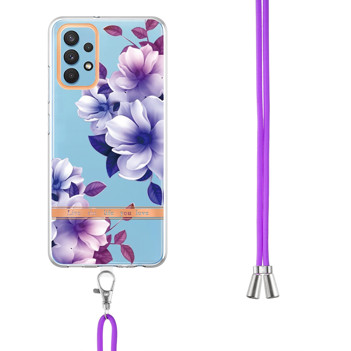 YB IMD-9 Series Electroplating TPU Phone Case for Samsung Galaxy A32 4G (EU Version), Lanyard Design Flower Pattern IMD IML Cellphone Cover
