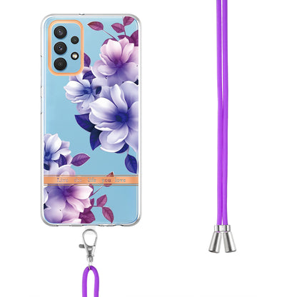 YB IMD-9 Series Electroplating TPU Phone Case for Samsung Galaxy A32 4G (EU Version), Lanyard Design Flower Pattern IMD IML Cellphone Cover