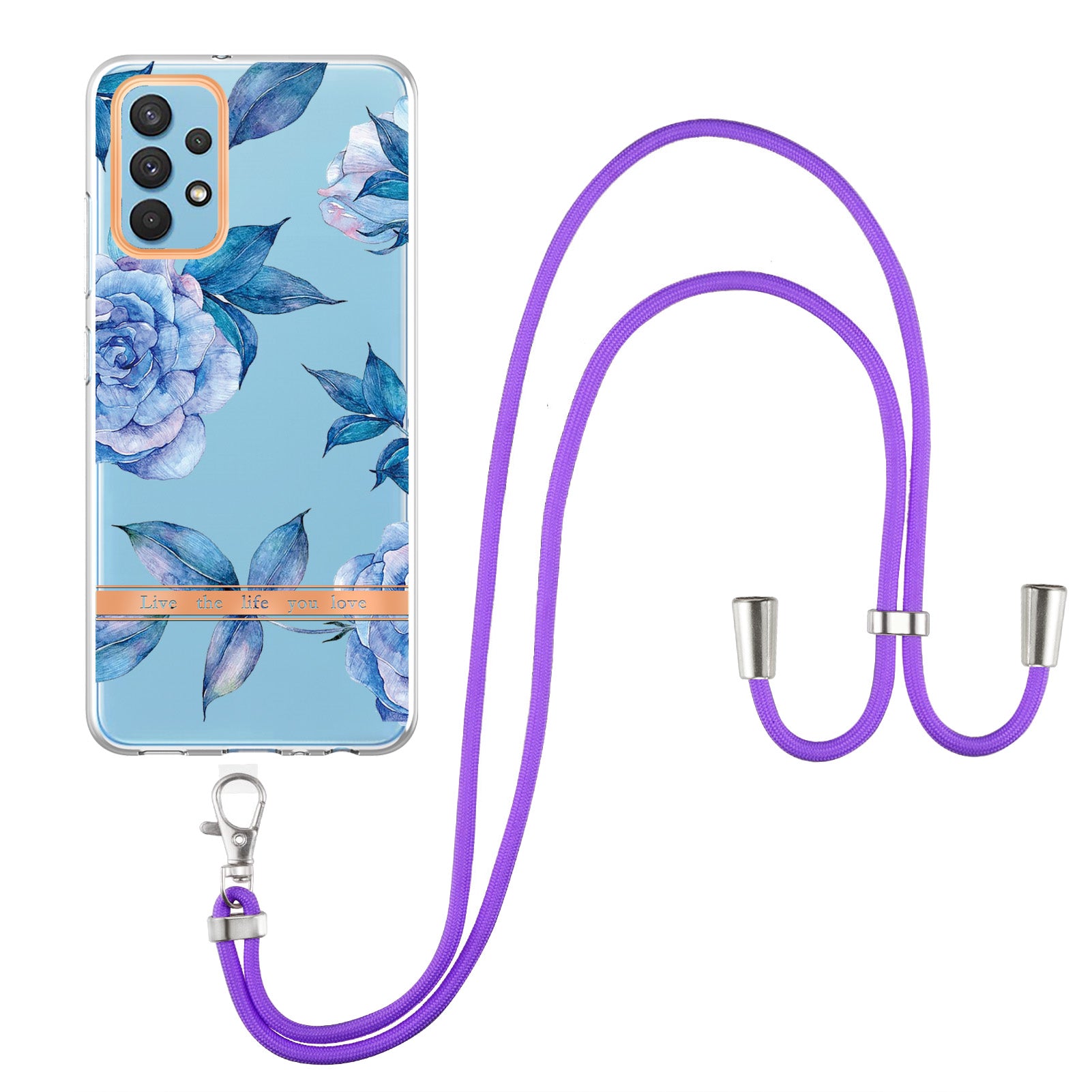 YB IMD-9 Series Electroplating TPU Phone Case for Samsung Galaxy A32 4G (EU Version), Lanyard Design Flower Pattern IMD IML Cellphone Cover