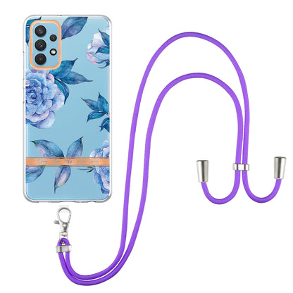 YB IMD-9 Series Electroplating TPU Phone Case for Samsung Galaxy A32 4G (EU Version), Lanyard Design Flower Pattern IMD IML Cellphone Cover