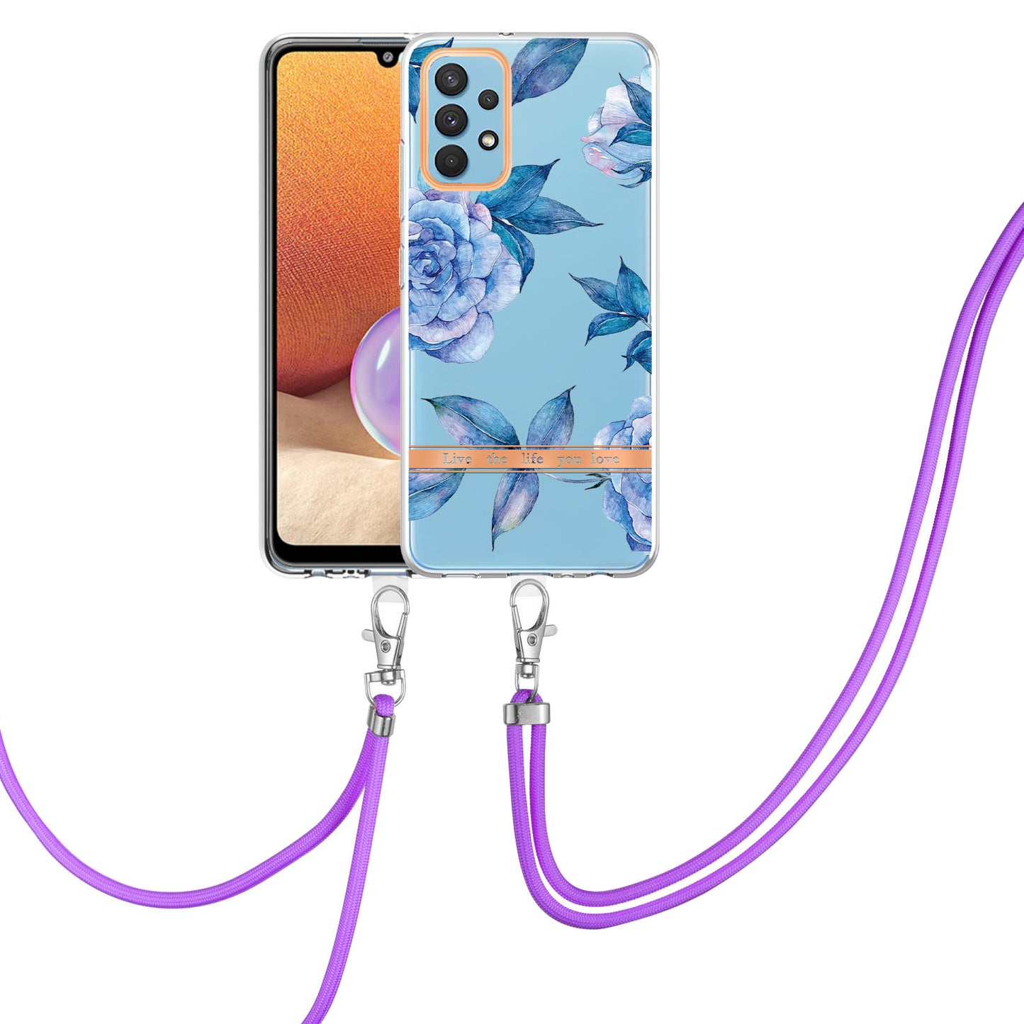 YB IMD-9 Series Electroplating TPU Phone Case for Samsung Galaxy A32 4G (EU Version), Lanyard Design Flower Pattern IMD IML Cellphone Cover