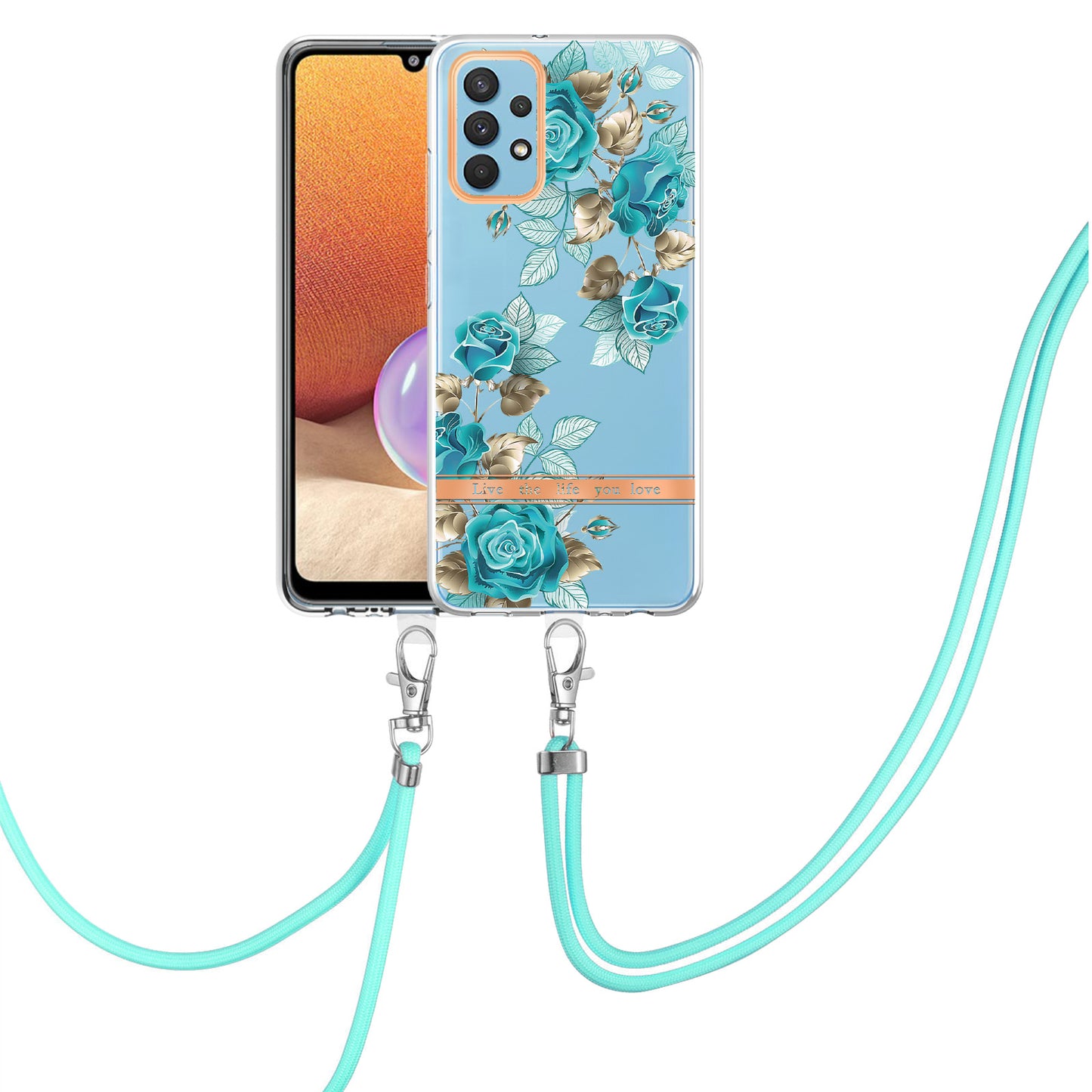 YB IMD-9 Series Electroplating TPU Phone Case for Samsung Galaxy A32 4G (EU Version), Lanyard Design Flower Pattern IMD IML Cellphone Cover