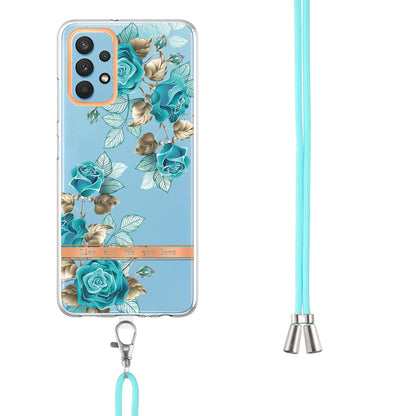 YB IMD-9 Series Electroplating TPU Phone Case for Samsung Galaxy A32 4G (EU Version), Lanyard Design Flower Pattern IMD IML Cellphone Cover
