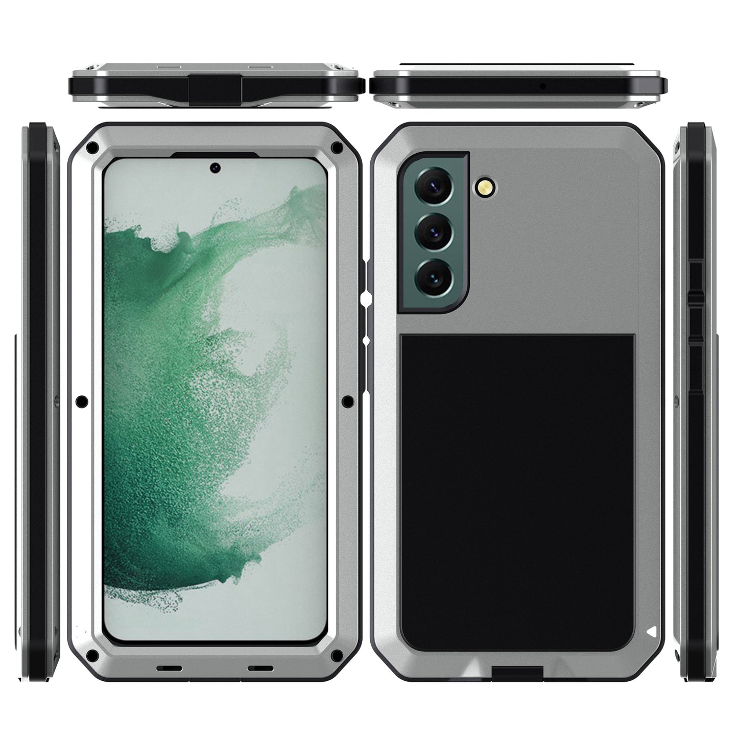 Silicone Metal Hybrid Phone Case for Samsung Galaxy S21 FE 5G/S21 Fan Edition, Tempered Glass Anti-Dust Plug Design Phone Accessory