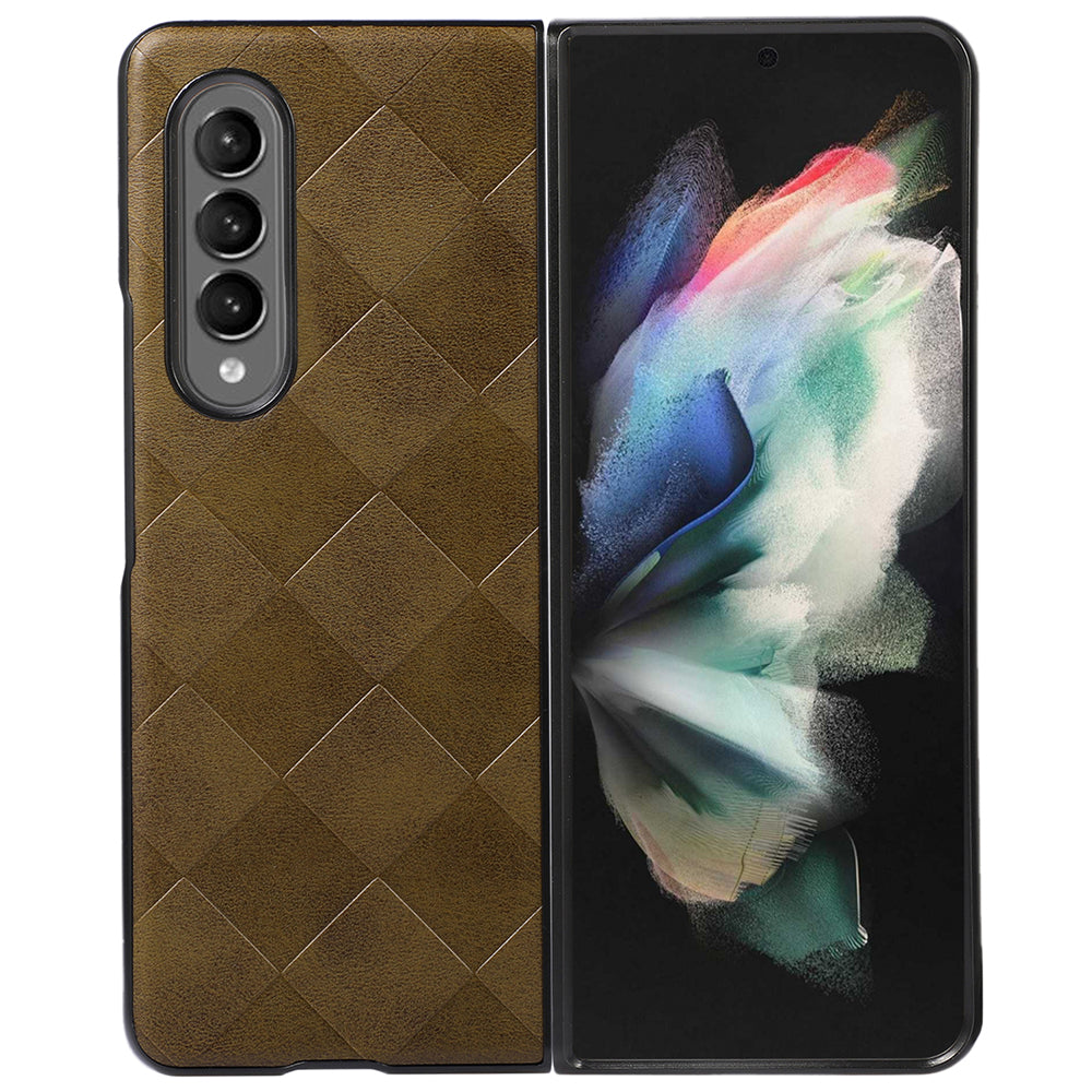 Grid Texture Phone Case for Samsung Galaxy Z Fold3 5G, PU Leather Coated PC + TPU Hybrid Cover Shell