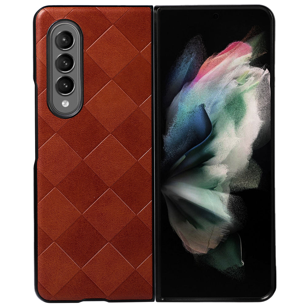 Grid Texture Phone Case for Samsung Galaxy Z Fold3 5G, PU Leather Coated PC + TPU Hybrid Cover Shell