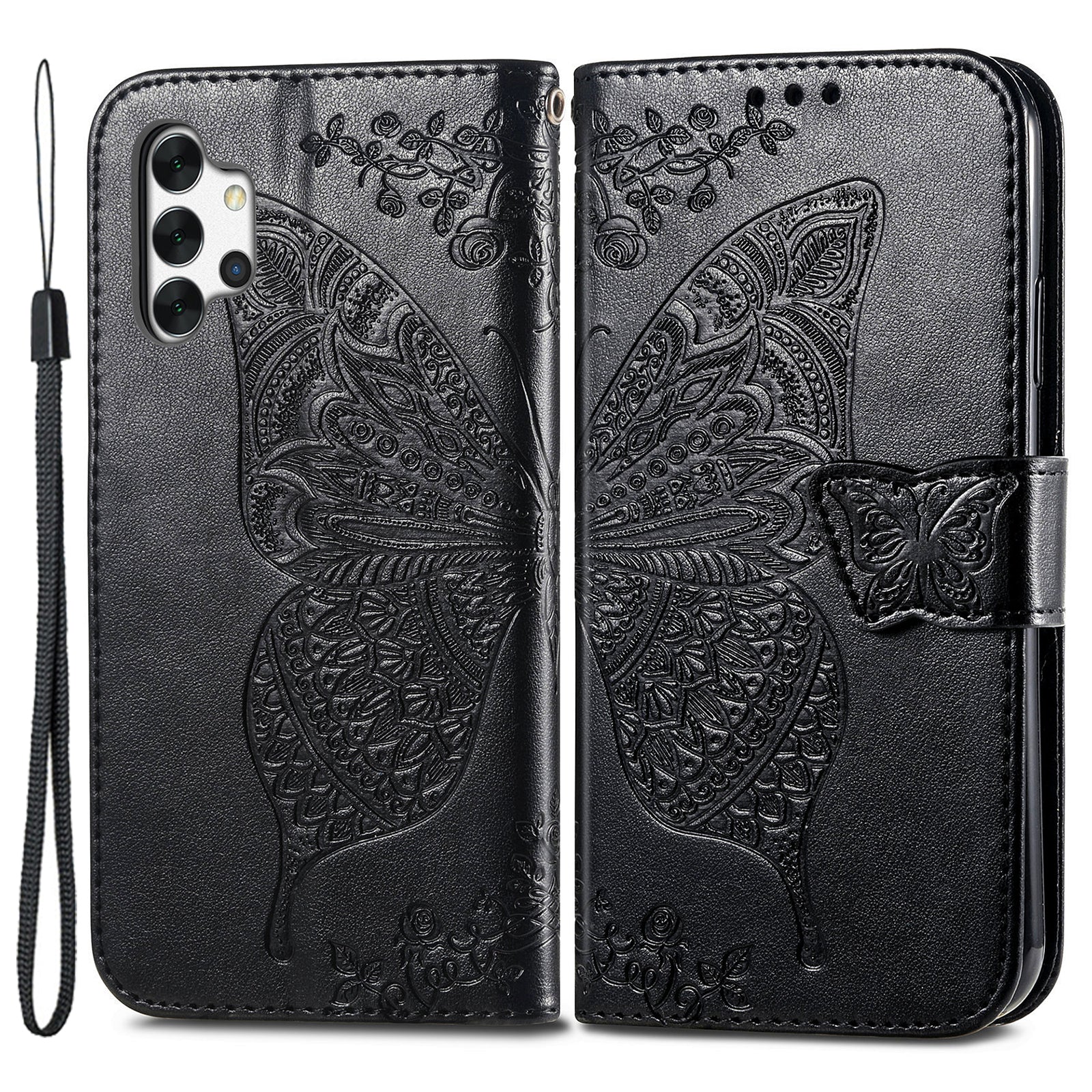 For Samsung Galaxy A13 4G Folding Stand PU Leather Case Imprinted Butterfly Flower Pattern Wallet Style Flip Cover with Strap